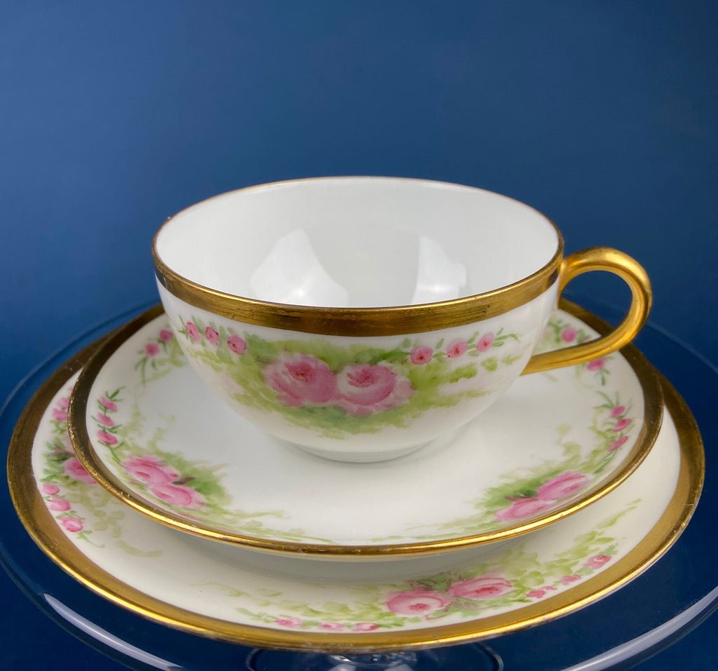 Antique J & C Ovid Bavarian Porcelain Tea Trio – Hand-Painted Rose Garlands