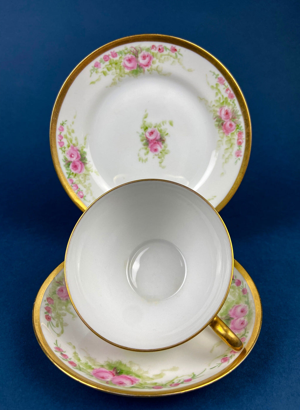 Antique J & C Ovid Bavarian Porcelain Tea Trio – Hand-Painted Rose Garlands