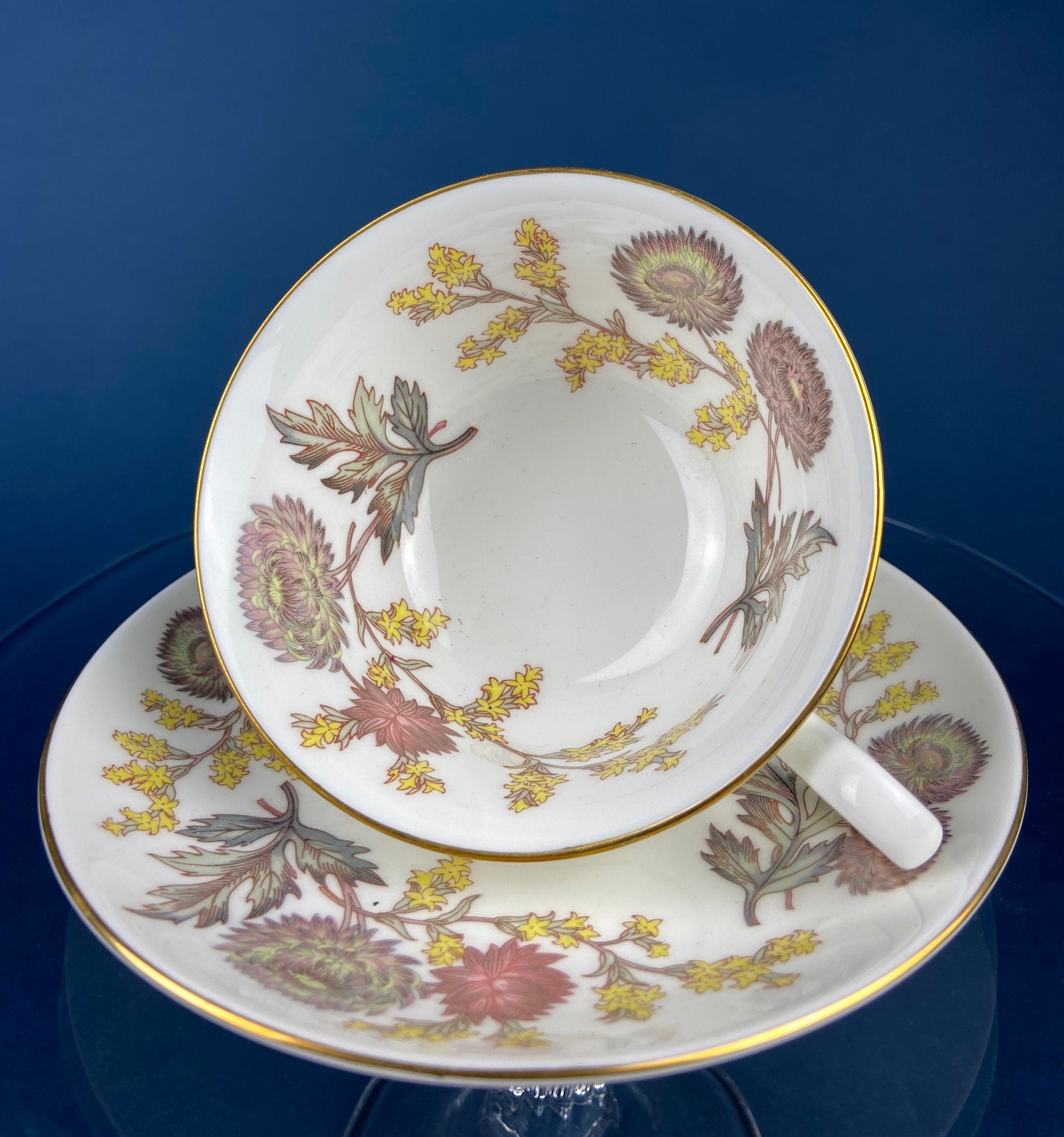 Wedgewood Tea or Coffee Cup with Saucer. Vintage Sophisticated, Fine Bone China with Flower Motif. Made in England. Gift for him or Her.