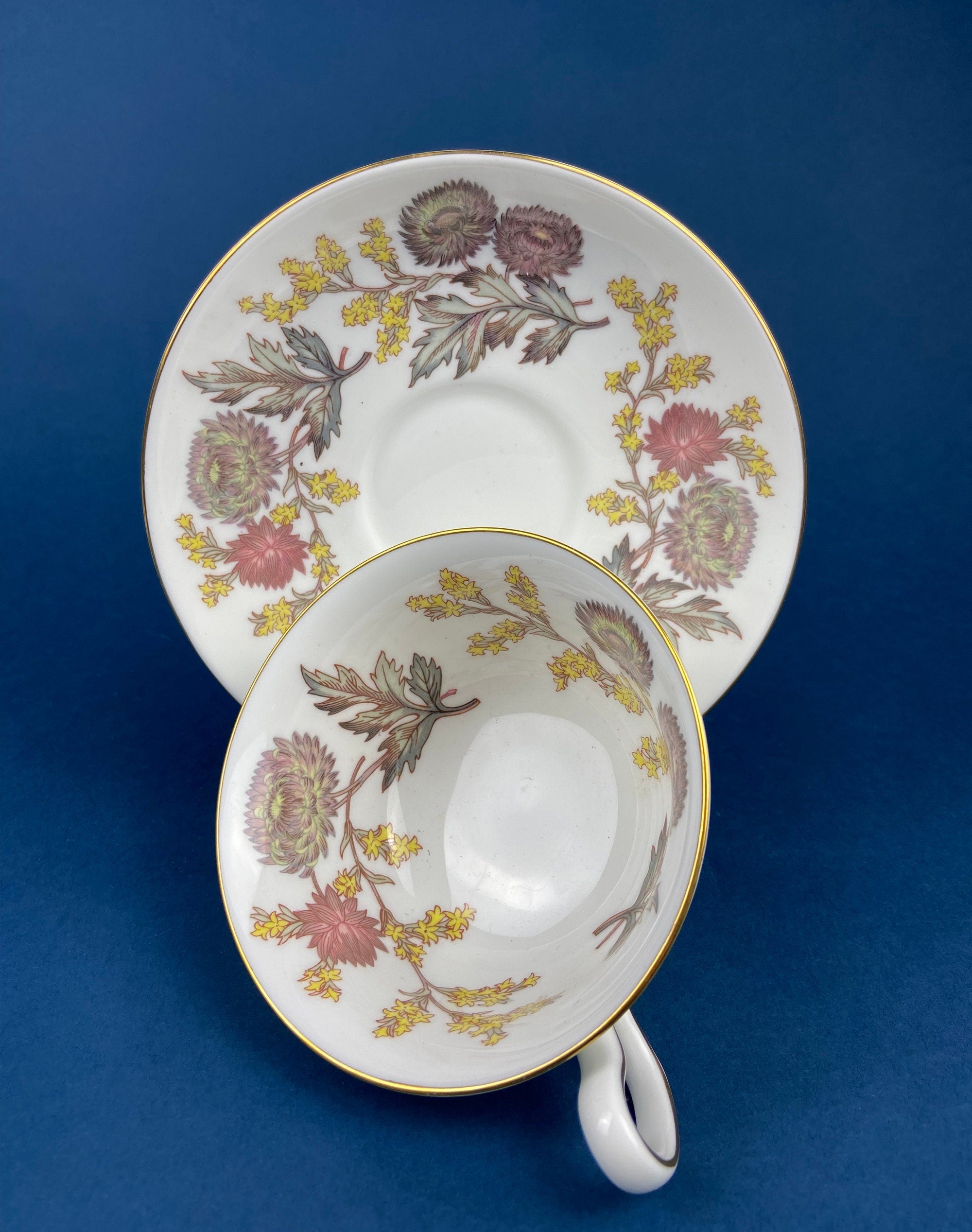 Wedgewood Tea or Coffee Cup with Saucer. Vintage Sophisticated, Fine Bone China with Flower Motif. Made in England. Gift for him or Her.