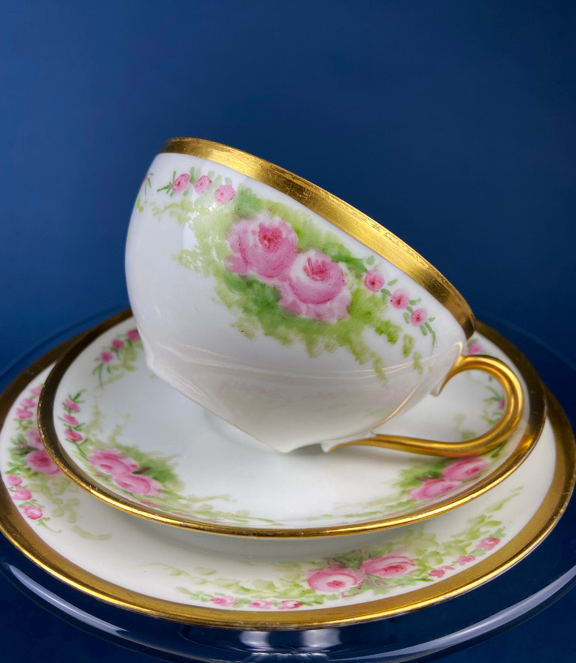 Antique J & C Ovid Bavarian Porcelain Tea Trio – Hand-Painted Rose Garlands