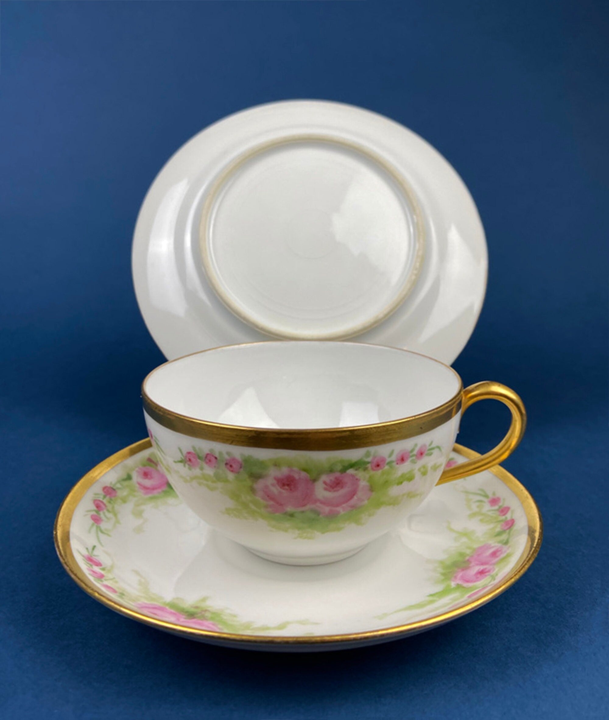 Antique J & C Ovid Bavarian Porcelain Tea Trio – Hand-Painted Rose Garlands