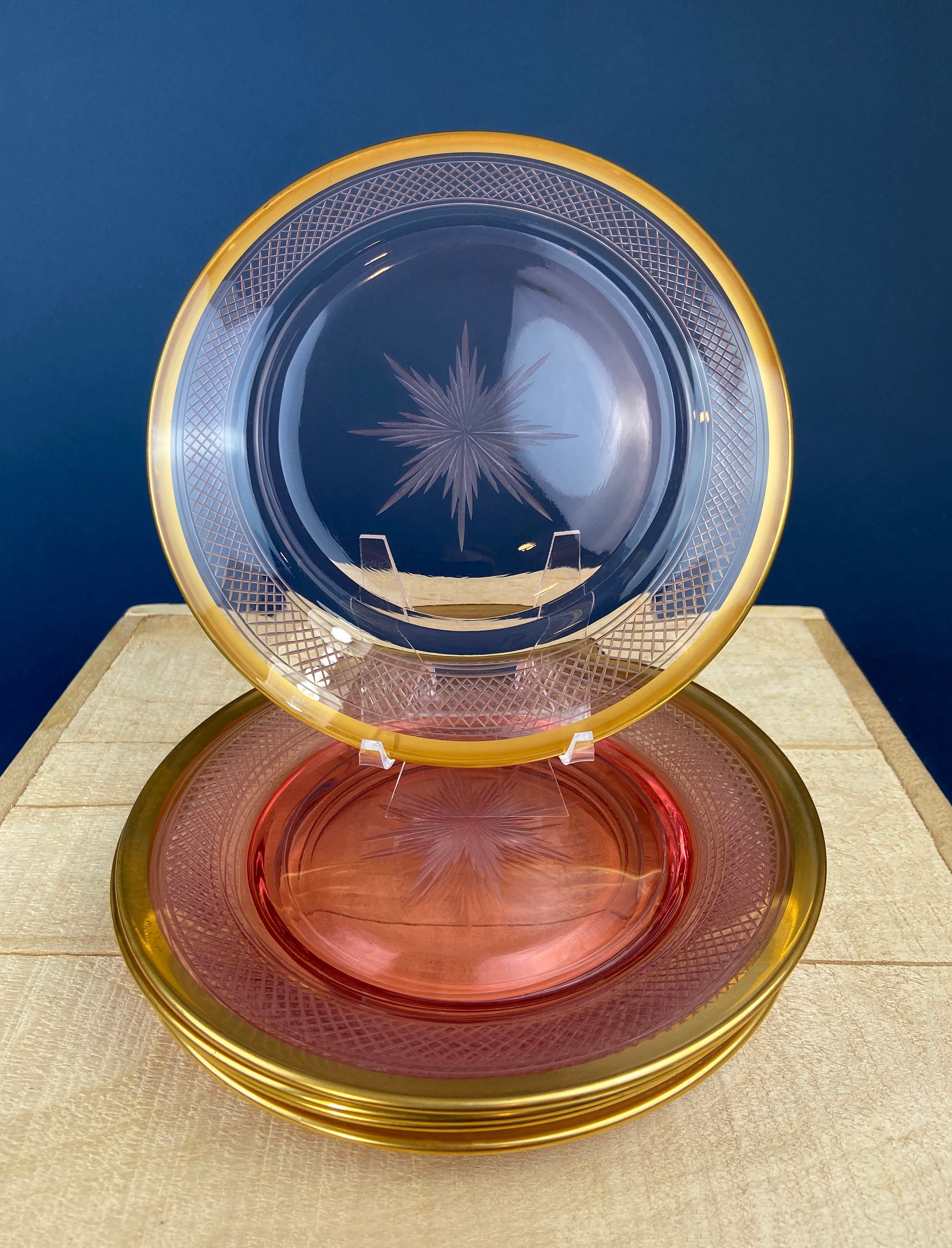 Antique Etched Pink Glass Dessert Plates with Gold Rims – Star & Waffle Pattern, Set of 5