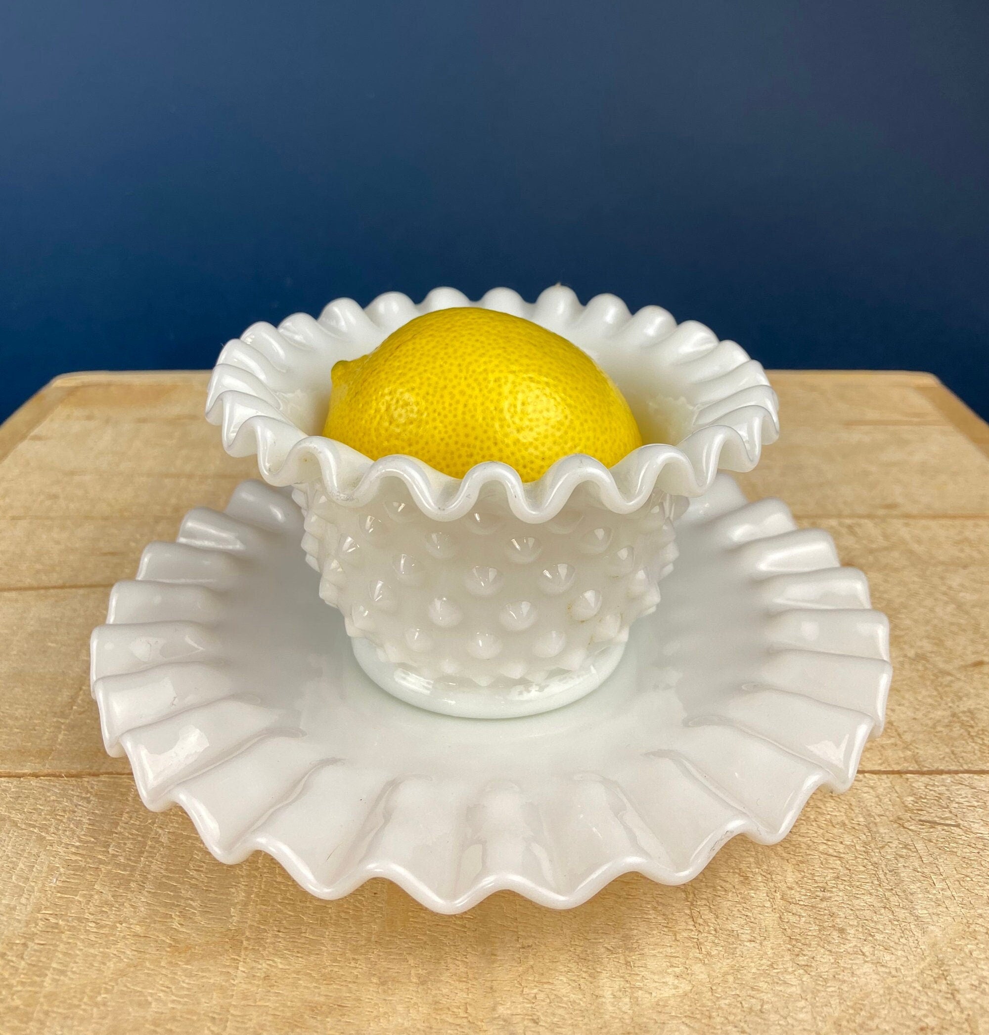 Milk Glass Hobnail Serving Bowl with Plate – Scalloped Rim