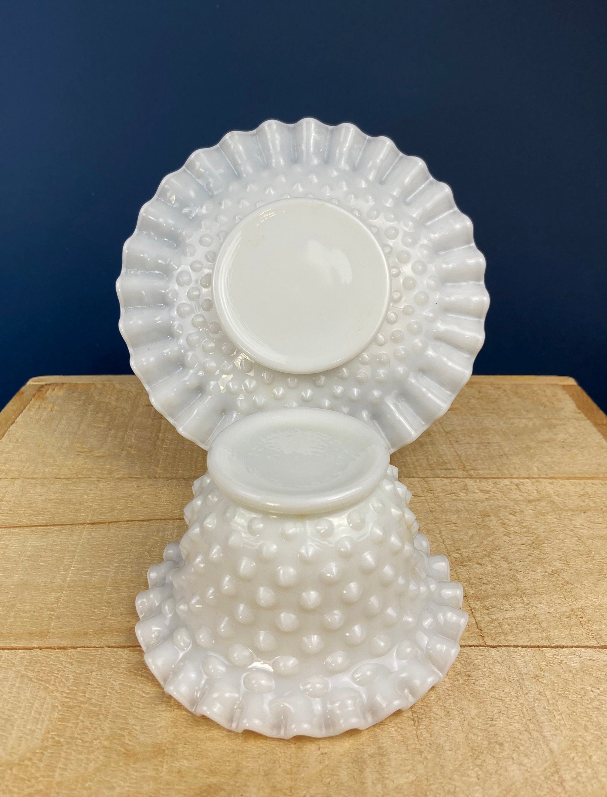 Milk Glass Hobnail Serving Bowl with Plate – Scalloped Rim