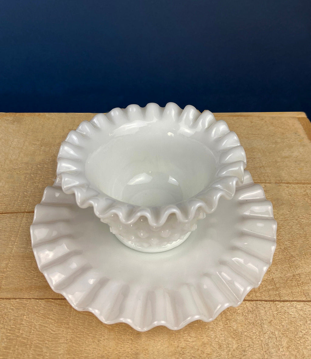 Milk Glass Hobnail Serving Bowl with Plate – Scalloped Rim