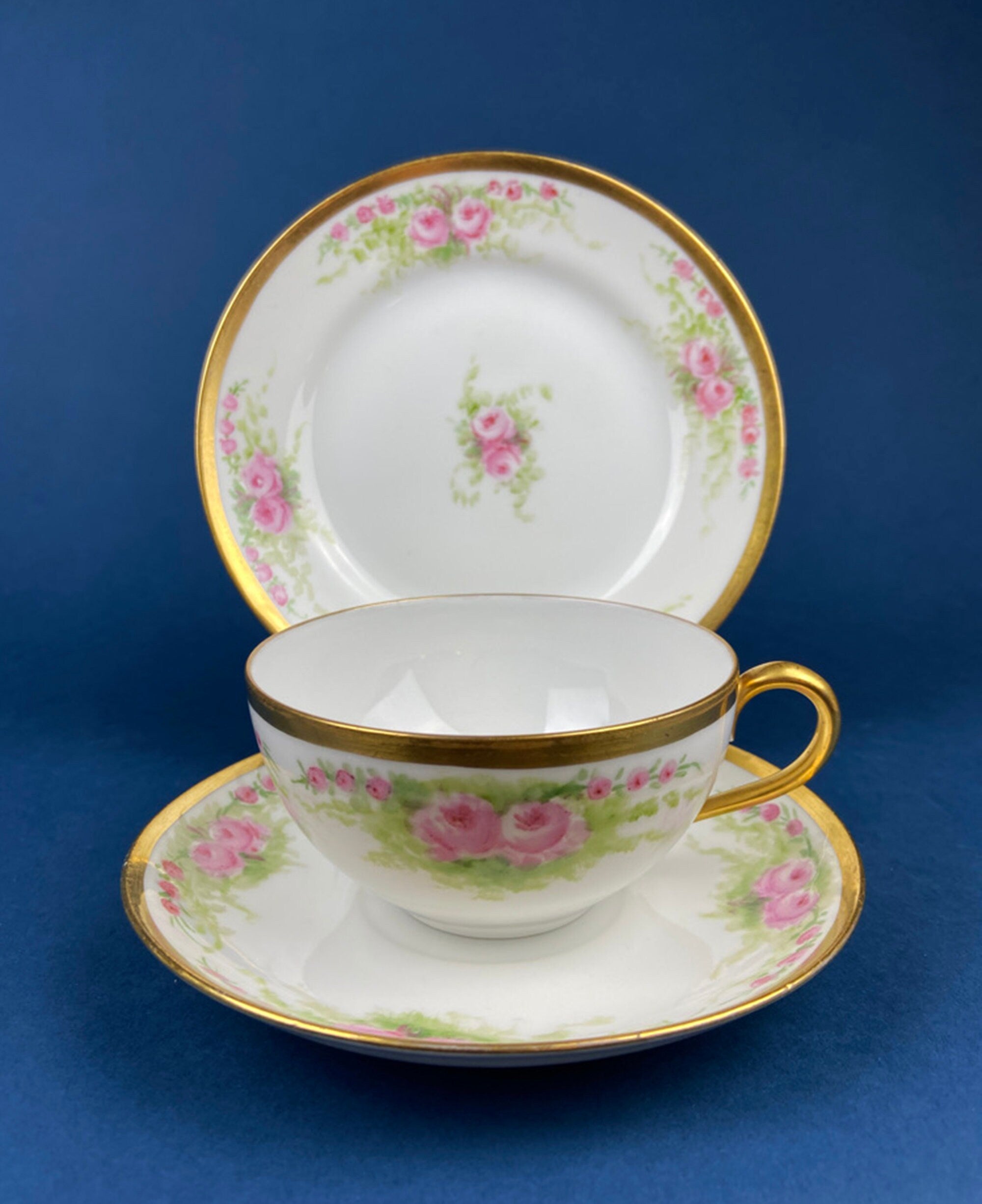 Antique J & C Ovid Bavarian Porcelain Tea Trio – Hand-Painted Rose Garlands