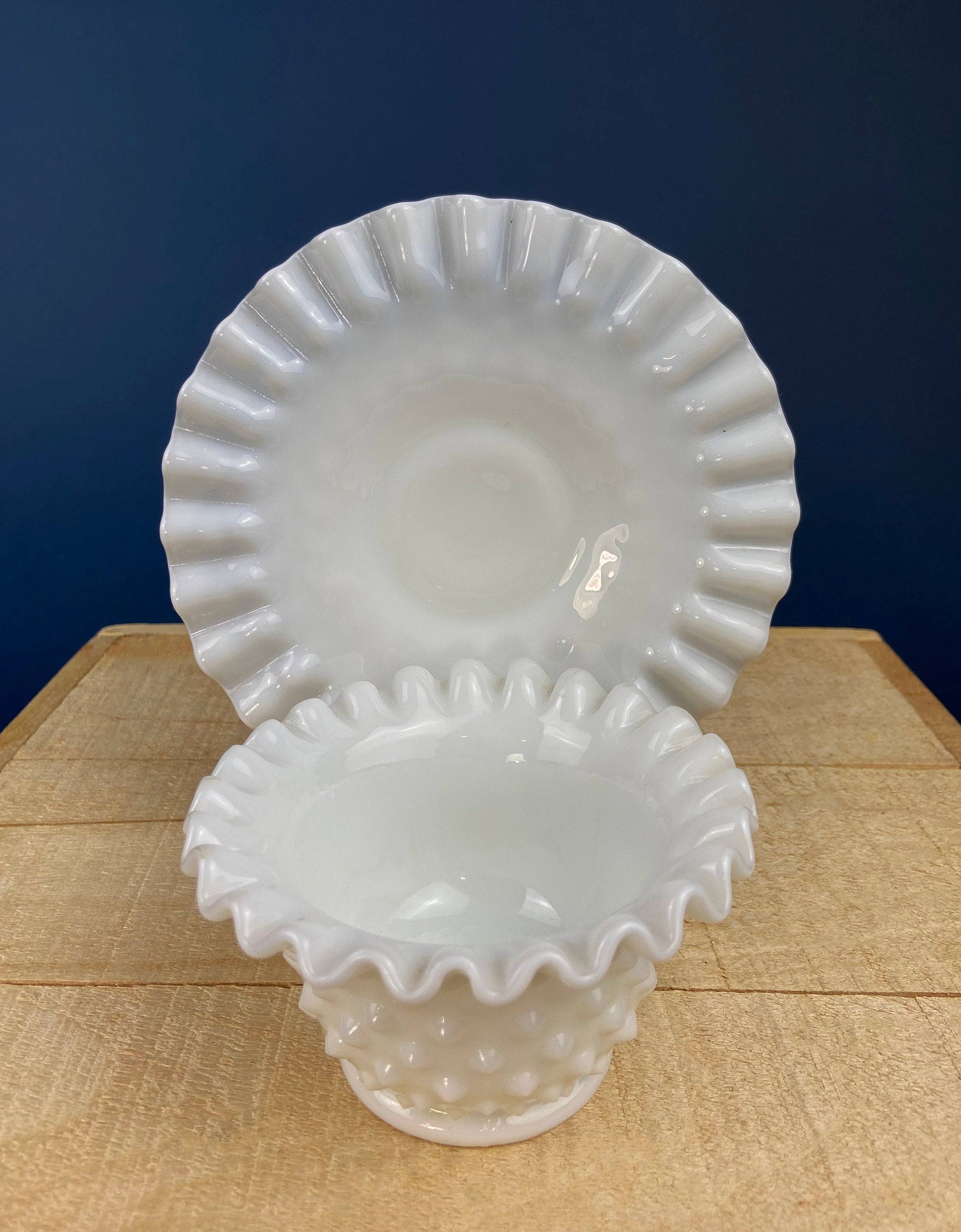 Milk Glass Hobnail Serving Bowl with Plate – Scalloped Rim