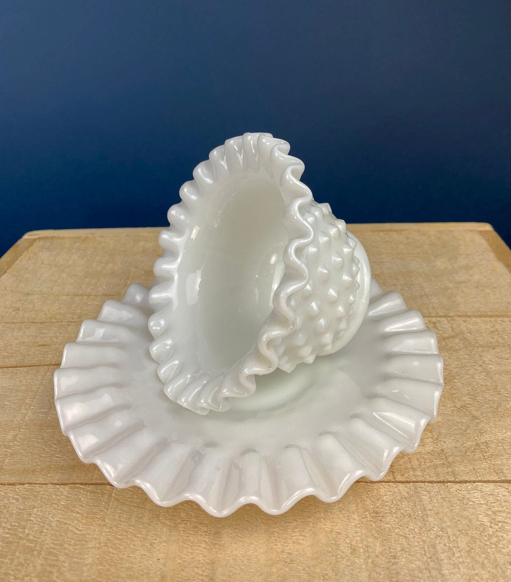 Milk Glass Hobnail Serving Bowl with Plate – Scalloped Rim