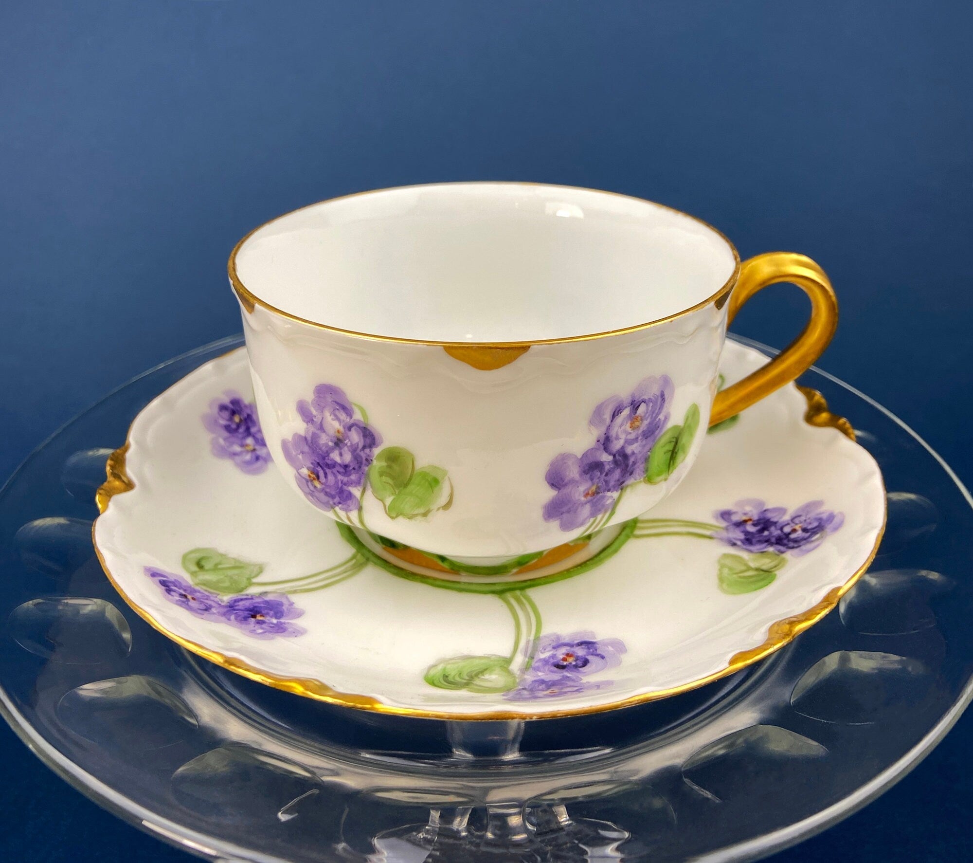 Haviland Limoges Tea Cup & Saucer – Hand-Painted Violet Clusters