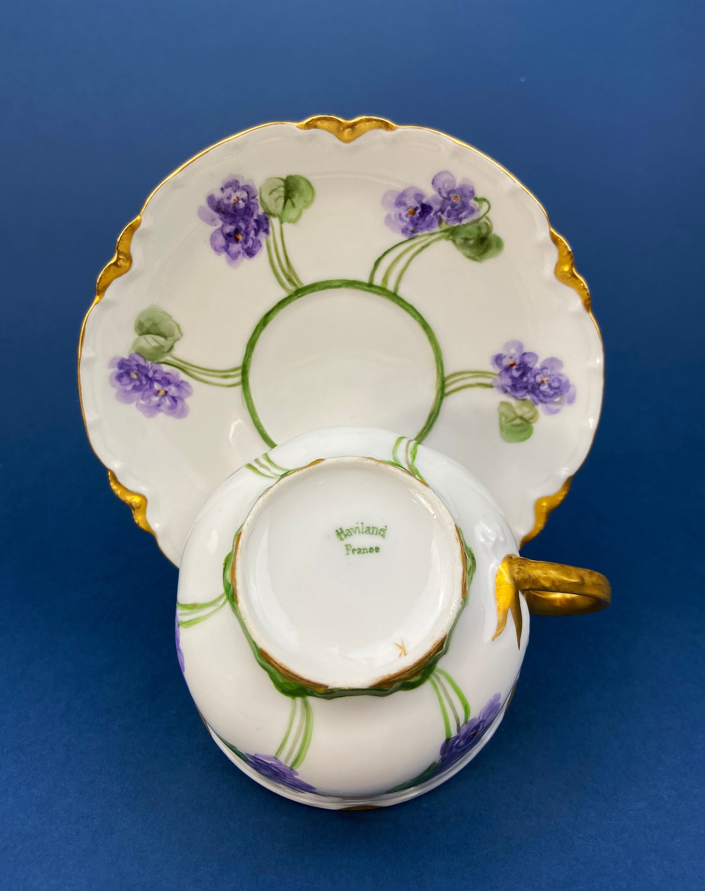 Haviland Limoges Tea Cup & Saucer – Hand-Painted Violet Clusters