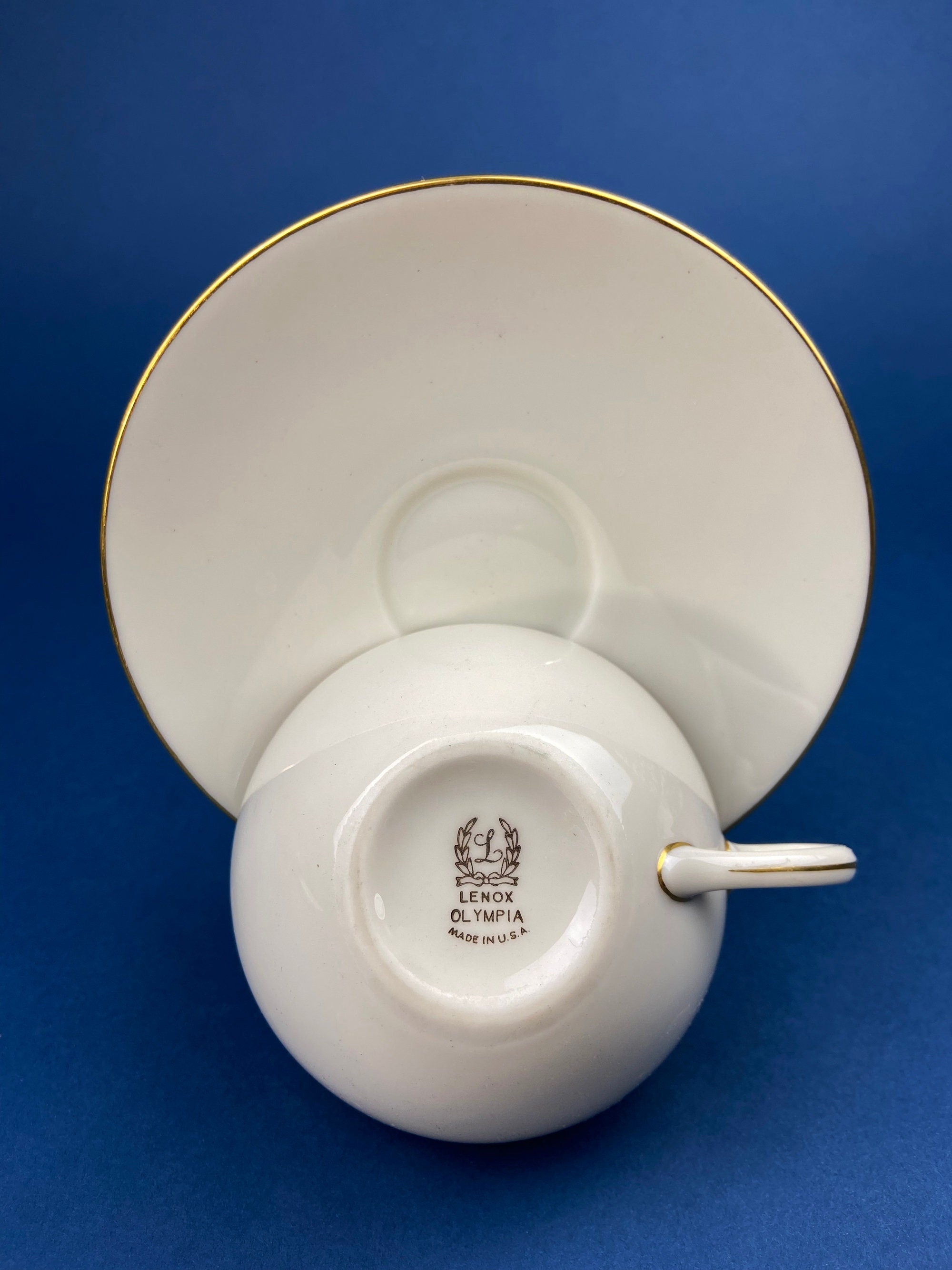 Lenox Tea Cup & Saucer. Creamy White with Gold Rim Tea or Coffee Set. Olympia by Lenox. Porcelain Made in the USA.