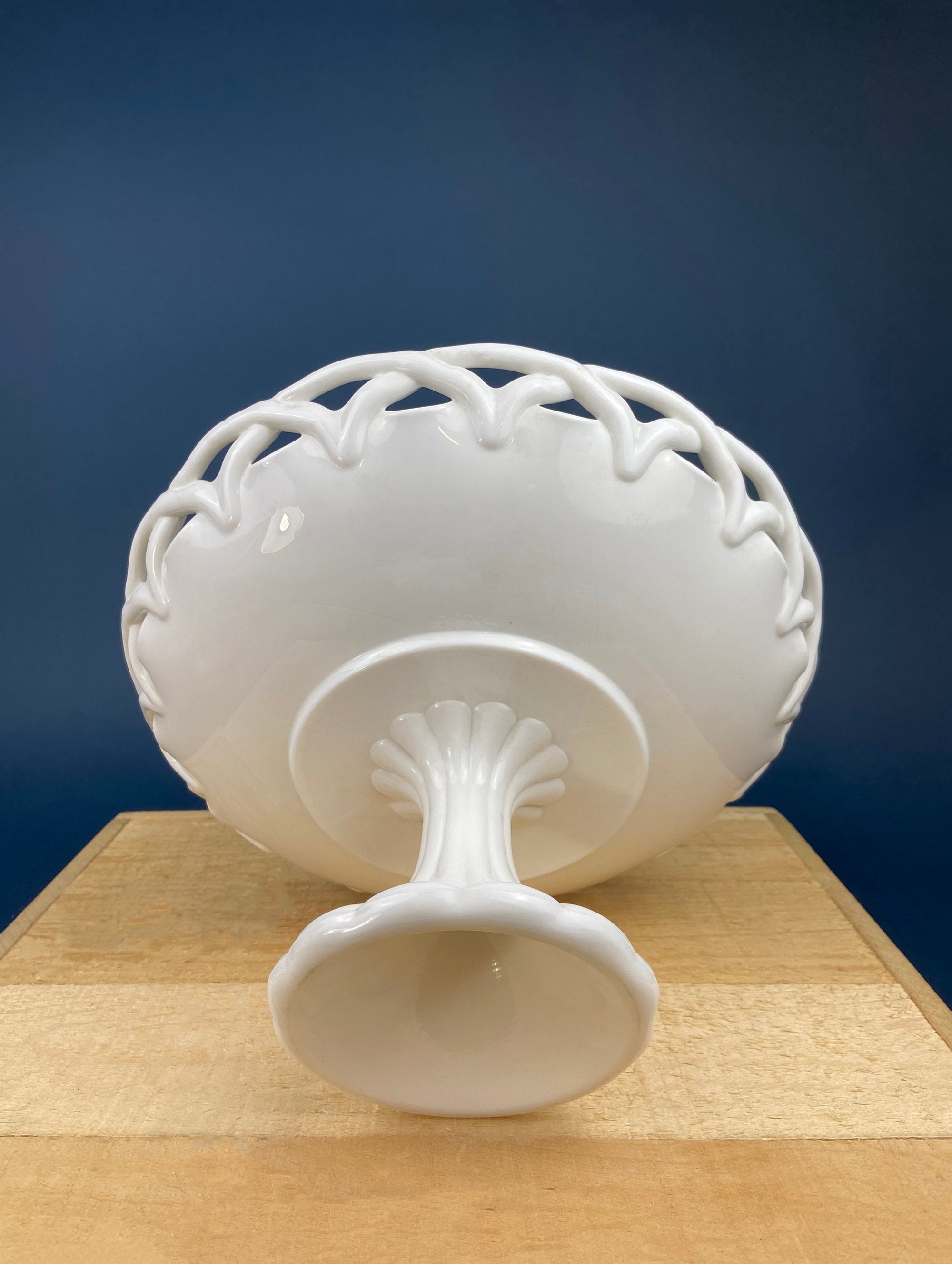 Westmoreland Milk Glass Pedestal Fruit Bowl. Doric Pattern with Lace Edge. 10" in Diameter.  Table Centerpiece.