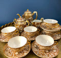 Antique Japanese Moriage Gold Tea Set – Teapot, Sugar Bowl, Creamer & Six Cups with Saucers