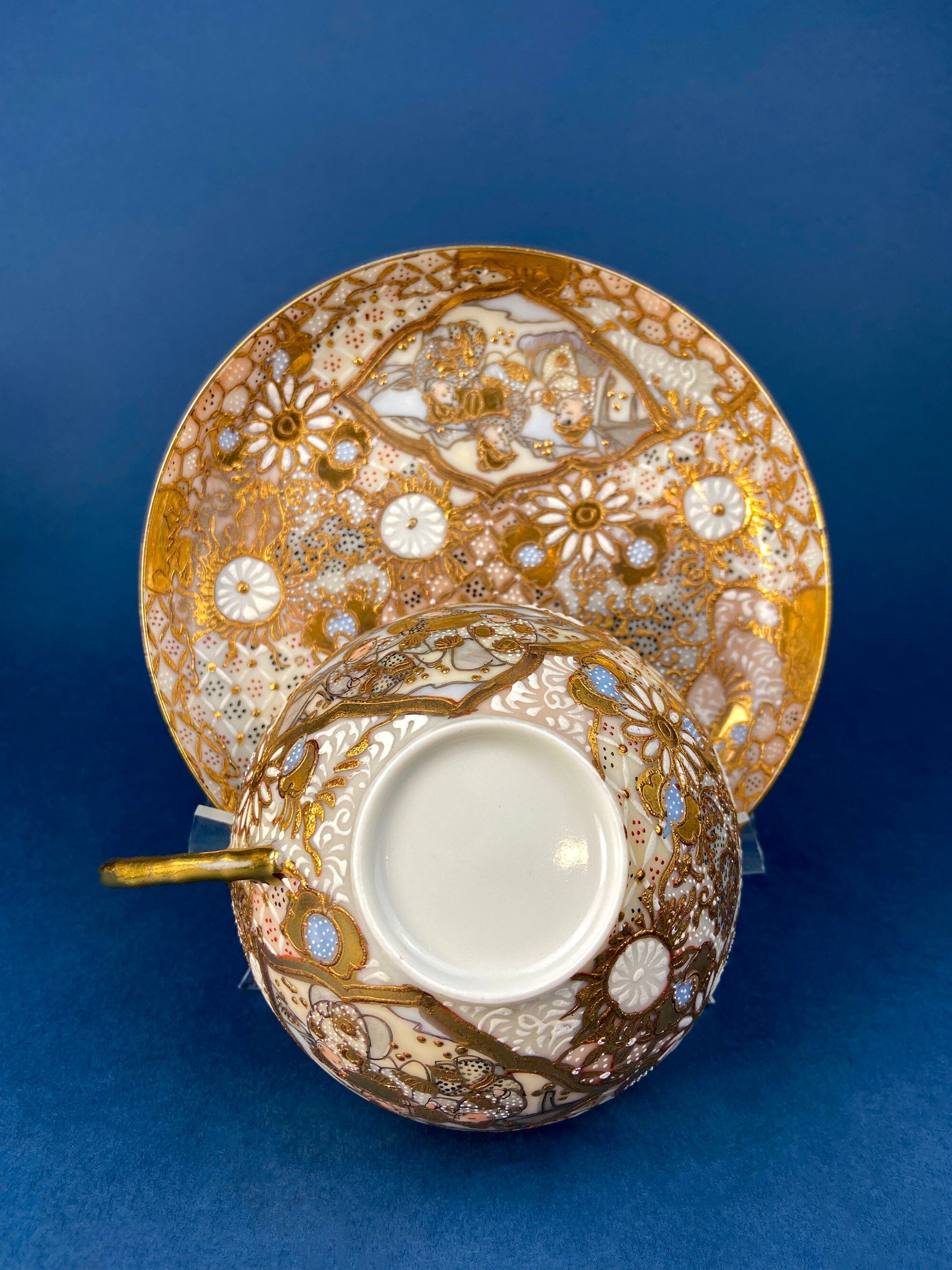 Antique Japanese Moriage Gold Tea Set – Teapot, Sugar Bowl, Creamer & Six Cups with Saucers