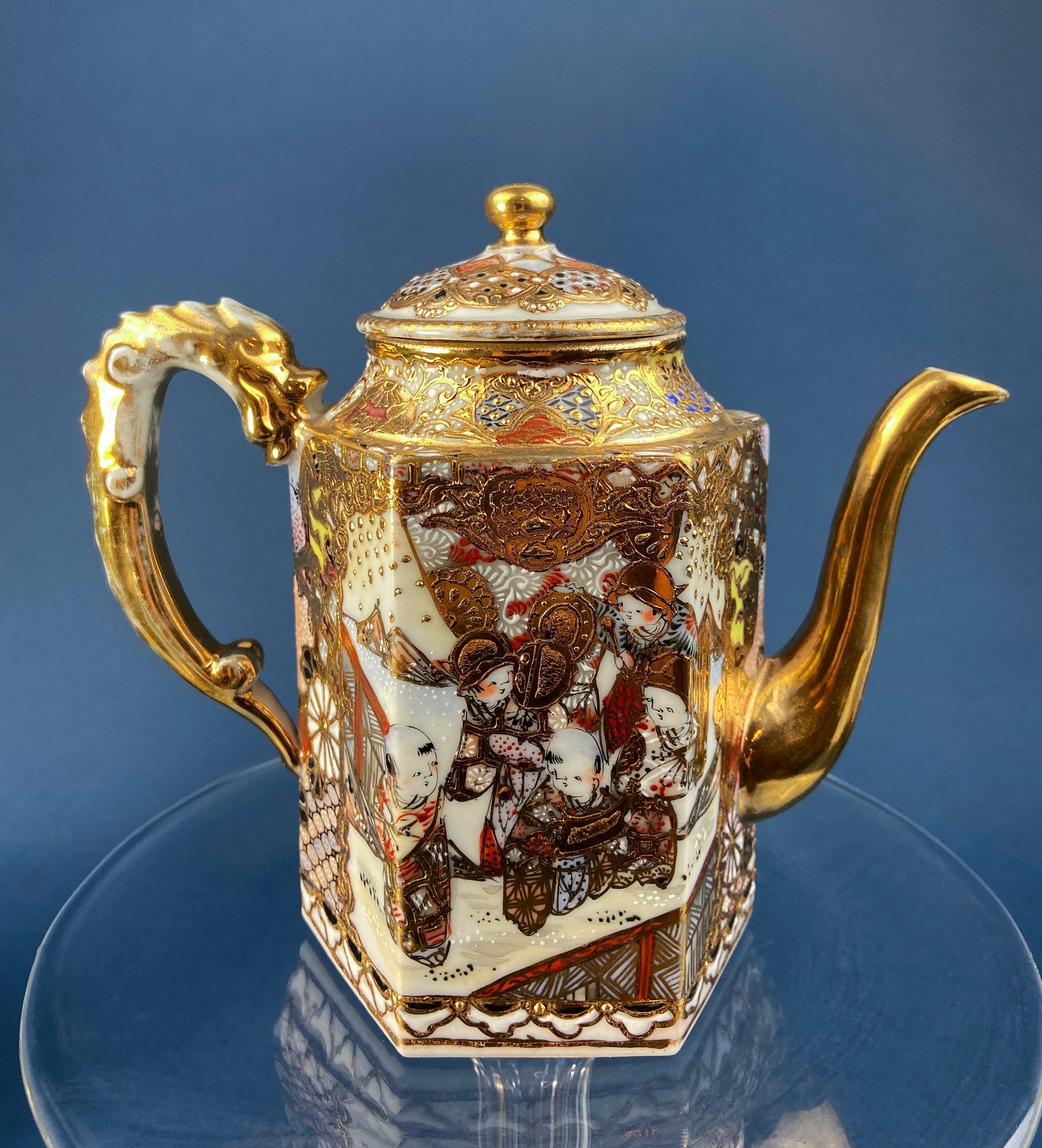 Antique Japanese Moriage Gold Tea Set – Teapot, Sugar Bowl, Creamer & Six Cups with Saucers