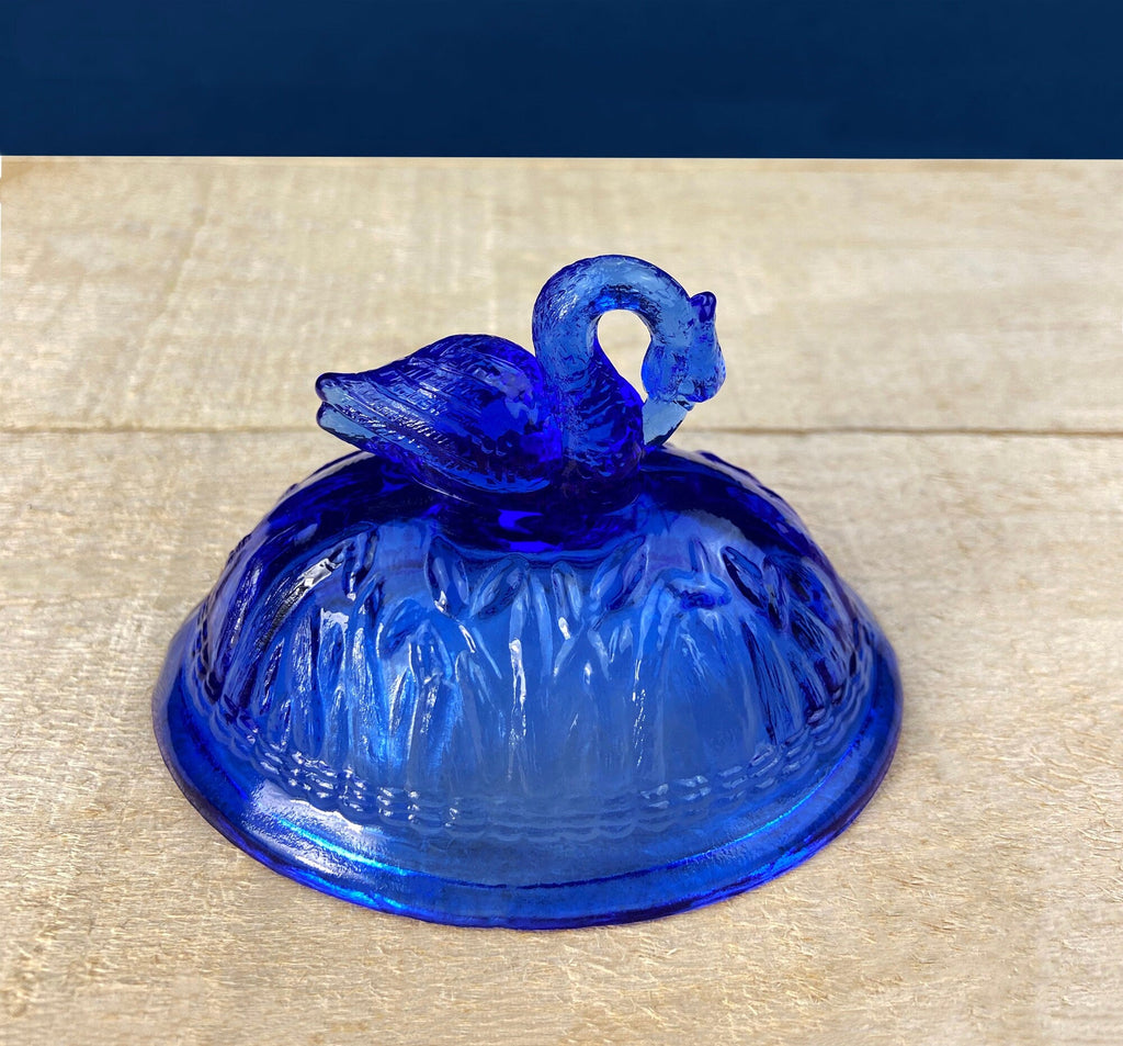 Cobalt Blue Glass Creamer with Swan Handle & Embossed Reed Design