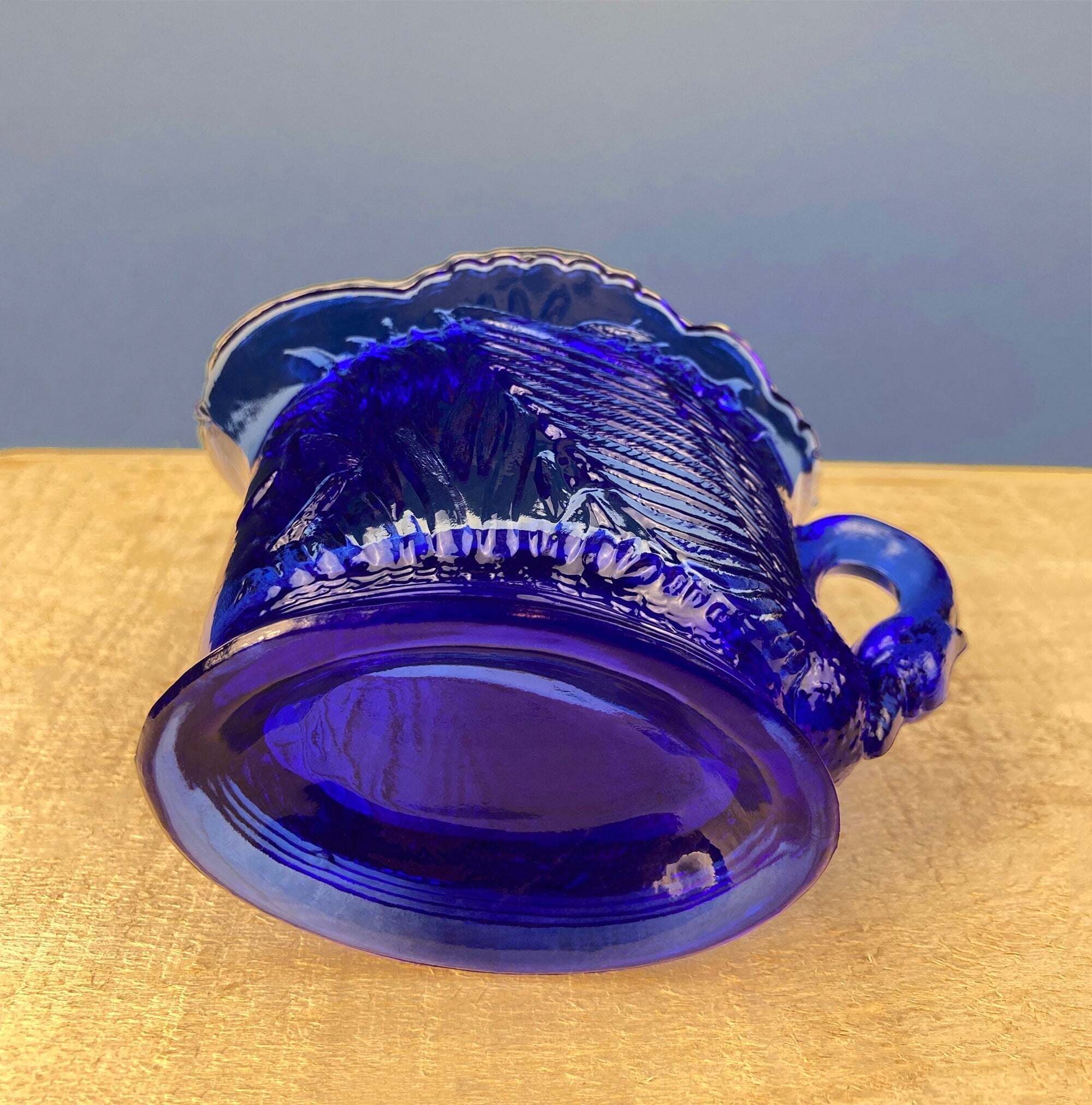 Cobalt Blue Glass Creamer with Swan Handle & Embossed Reed Design