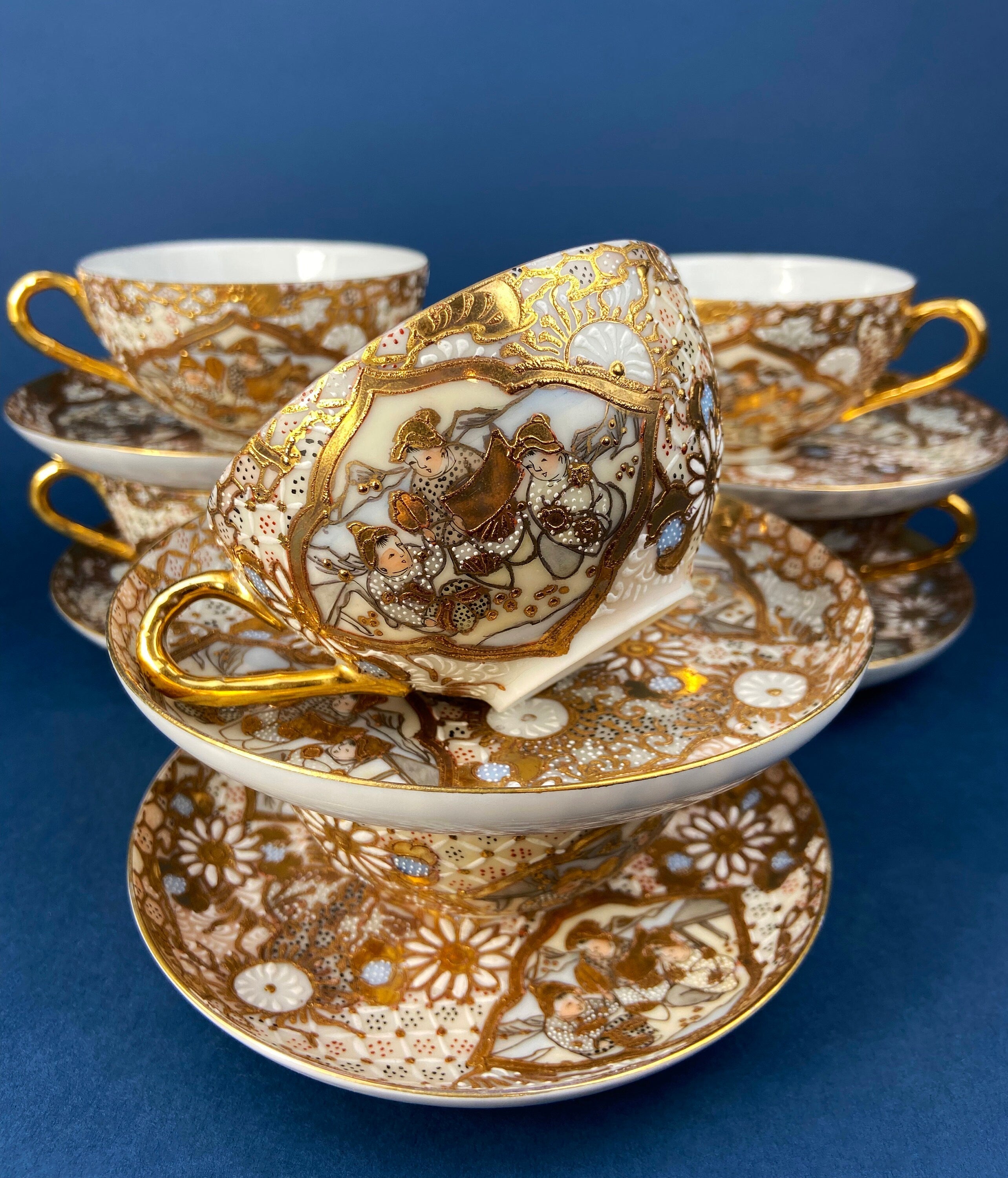Antique Japanese Moriage Gold Tea Set – Teapot, Sugar Bowl, Creamer & Six Cups with Saucers