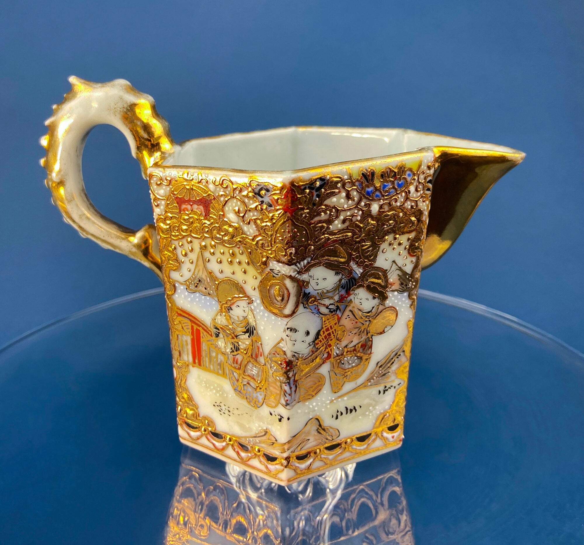 Antique Japanese Moriage Gold Tea Set – Teapot, Sugar Bowl, Creamer & Six Cups with Saucers