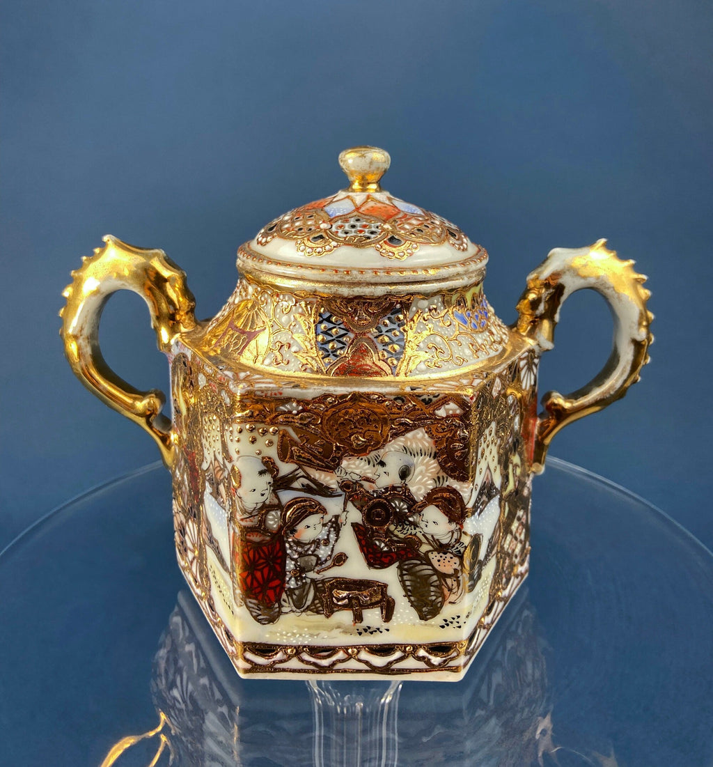 Antique Japanese Moriage Gold Tea Set – Teapot, Sugar Bowl, Creamer & Six Cups with Saucers