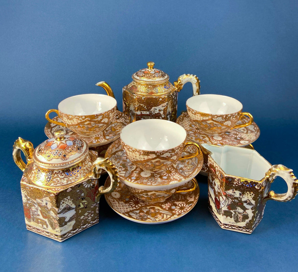Antique Japanese Moriage Gold Tea Set – Teapot, Sugar Bowl, Creamer & Six Cups with Saucers