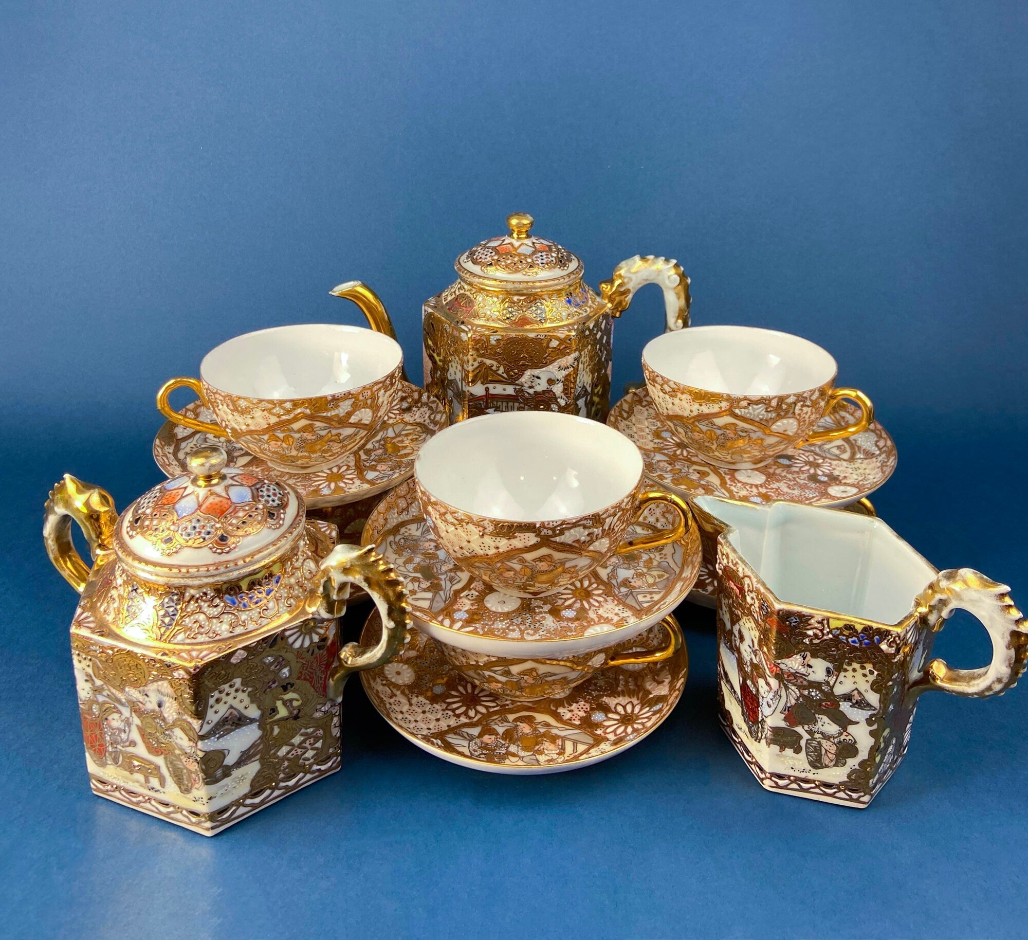 Antique Japanese Moriage Gold Tea Set – Teapot, Sugar Bowl, Creamer & Six Cups with Saucers