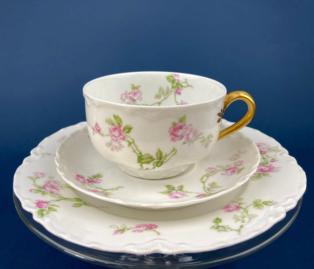 Antique Limoges Tea Cup and Saucer. Hand-Painted Porcelain by Haviland, France. Violet Clusters Motif. Highly Collectible.