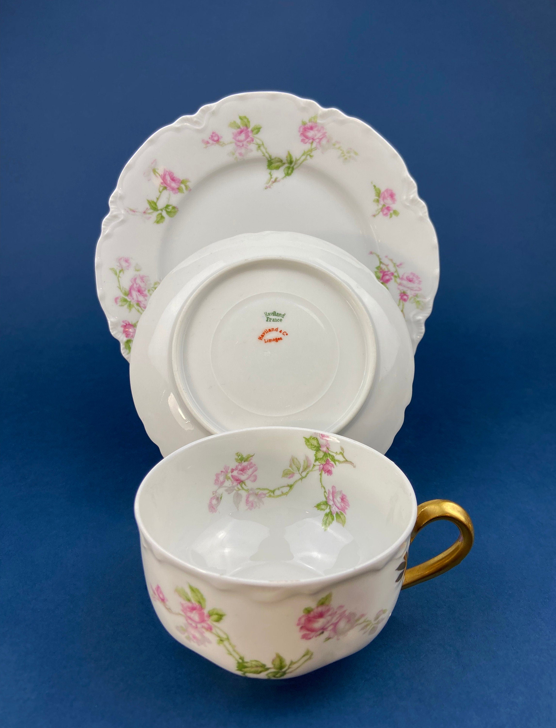 Antique Limoges Tea Cup and Saucer. Hand-Painted Porcelain by Haviland, France. Violet Clusters Motif. Highly Collectible.