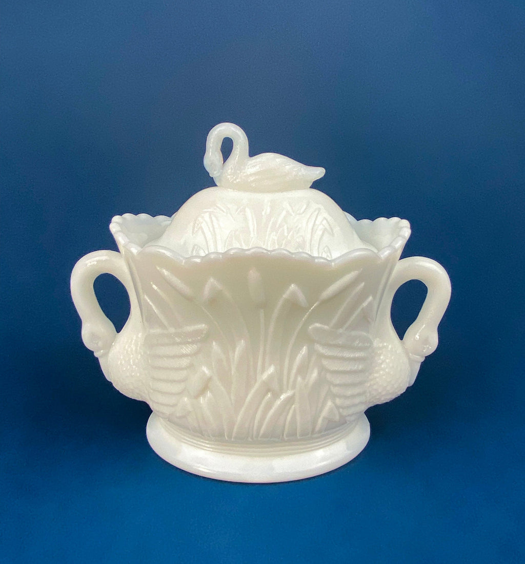 Cobalt Blue Glass Creamer with Swan Handle & Embossed Reed Design
