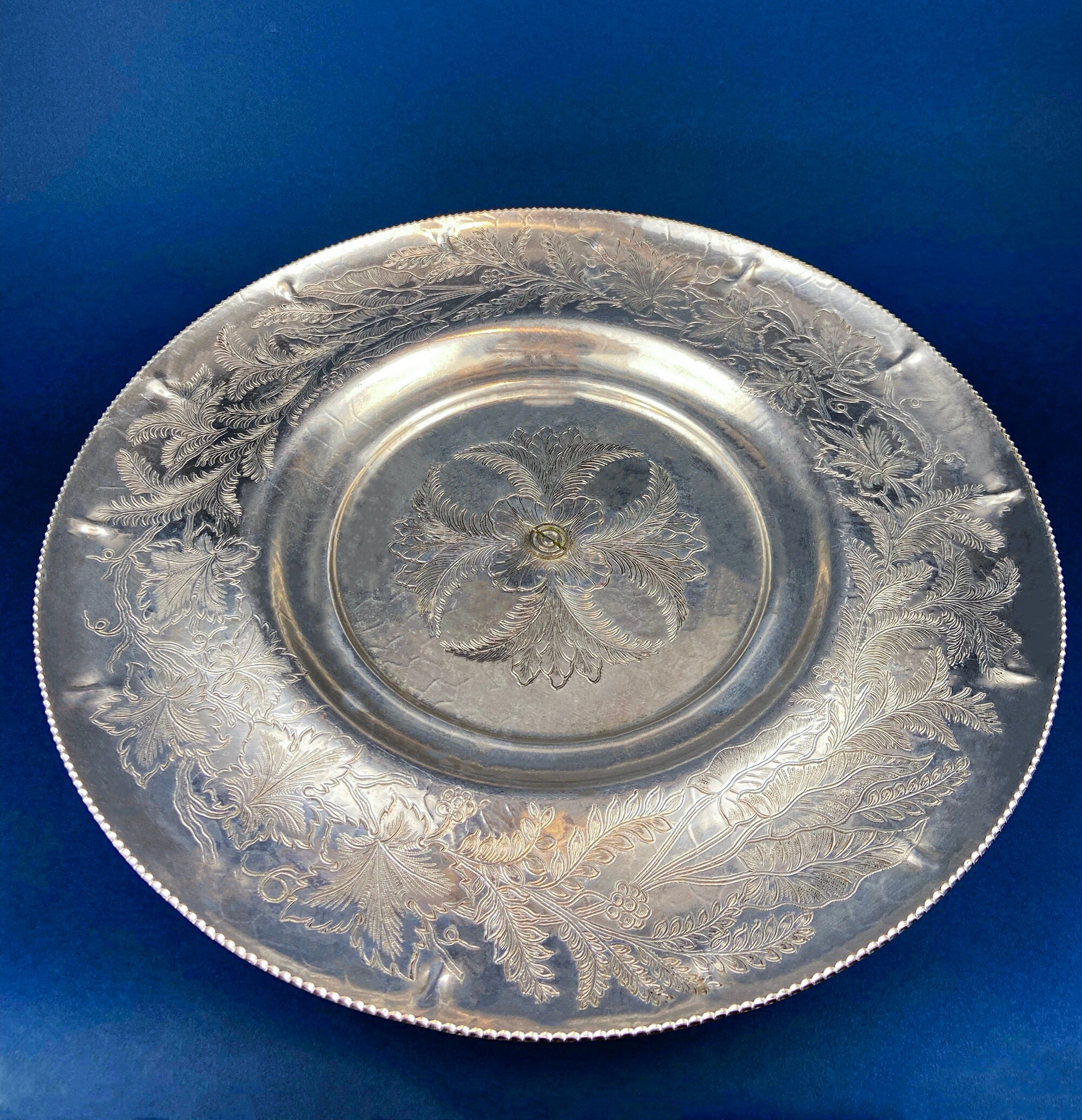 Extra Large Metal Vintage Lazy Susan.  Aluminum by Gailstyn. Hand-Engraved Floral and Leaf Pattern. Silver Colored, Footed Serving Bowl/Dish