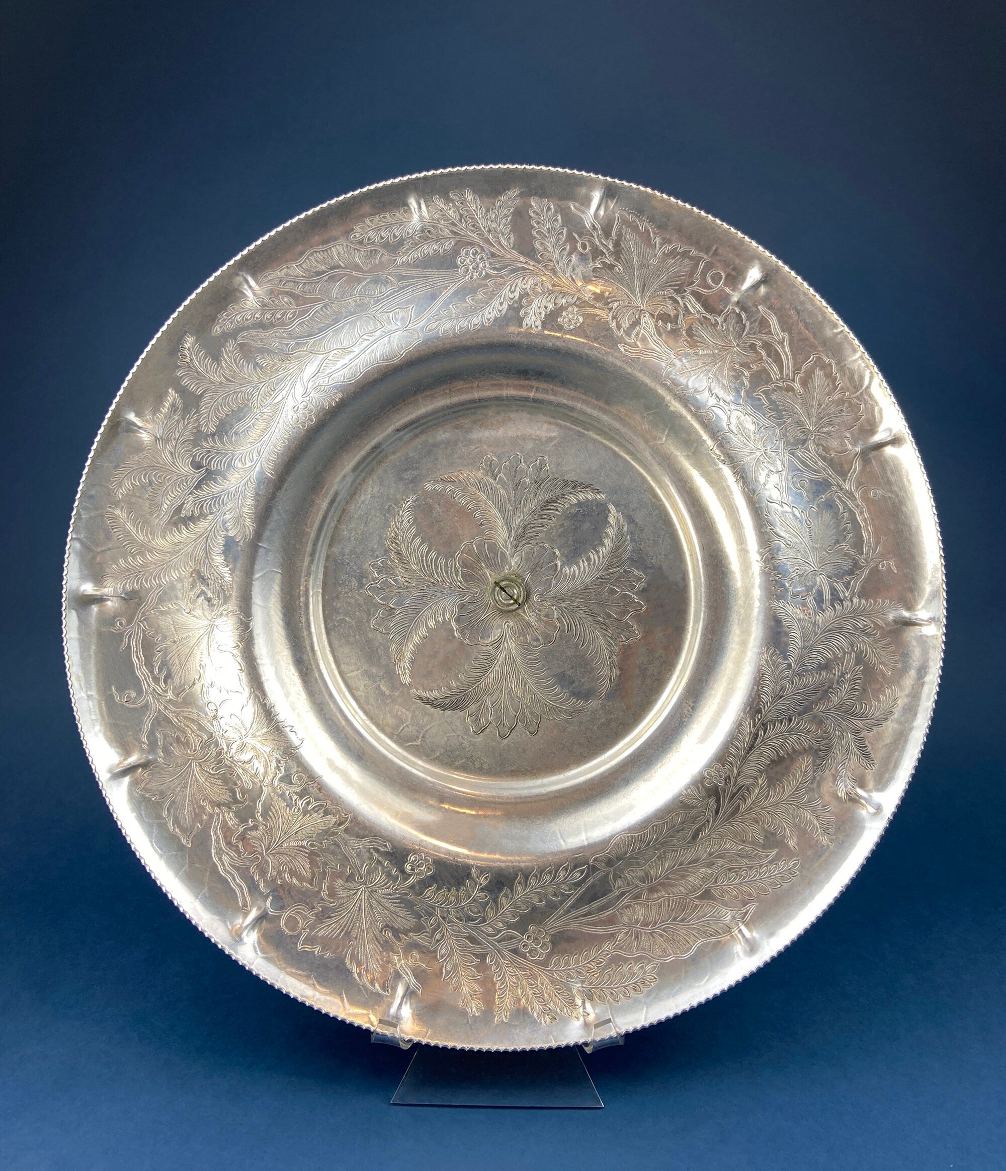 Extra Large Metal Vintage Lazy Susan.  Aluminum by Gailstyn. Hand-Engraved Floral and Leaf Pattern. Silver Colored, Footed Serving Bowl/Dish