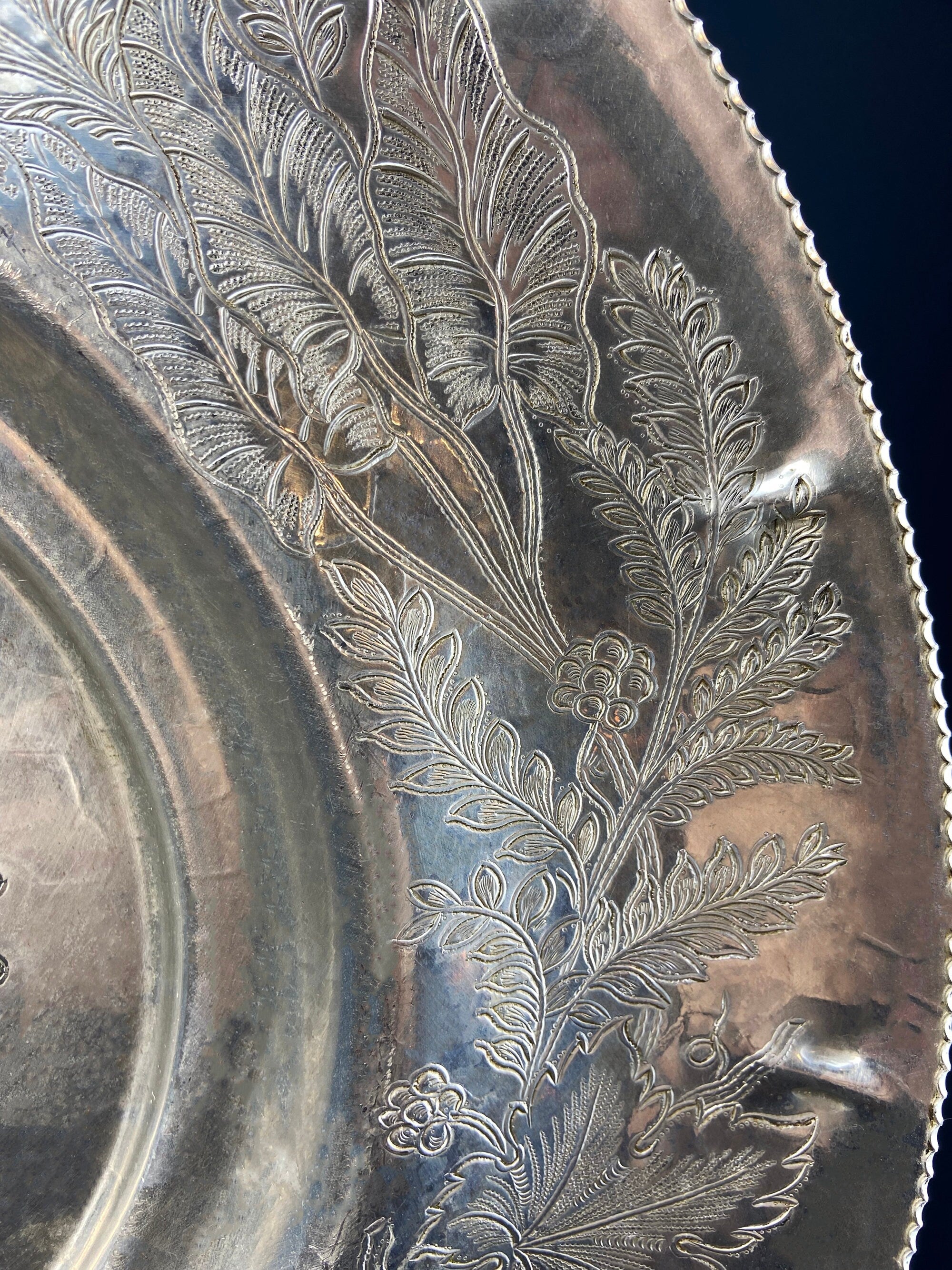 Extra Large Metal Vintage Lazy Susan.  Aluminum by Gailstyn. Hand-Engraved Floral and Leaf Pattern. Silver Colored, Footed Serving Bowl/Dish