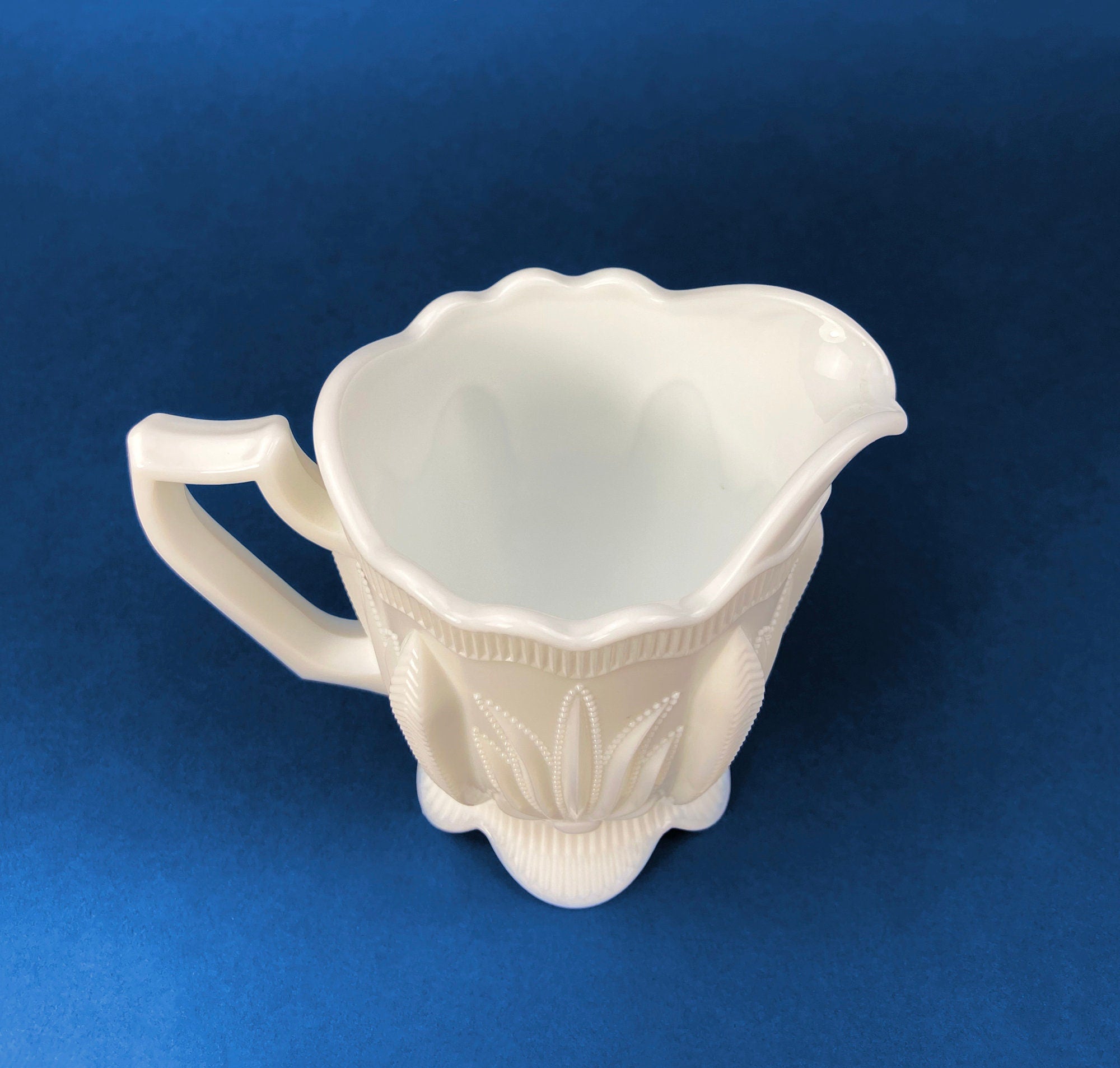 Milk Glass Creamer with 3D Leaf Motif & Scalloped Edge