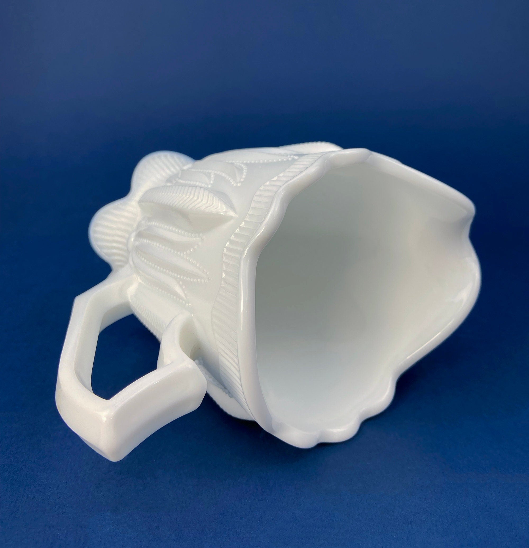 Milk Glass Creamer with 3D Leaf Motif & Scalloped Edge