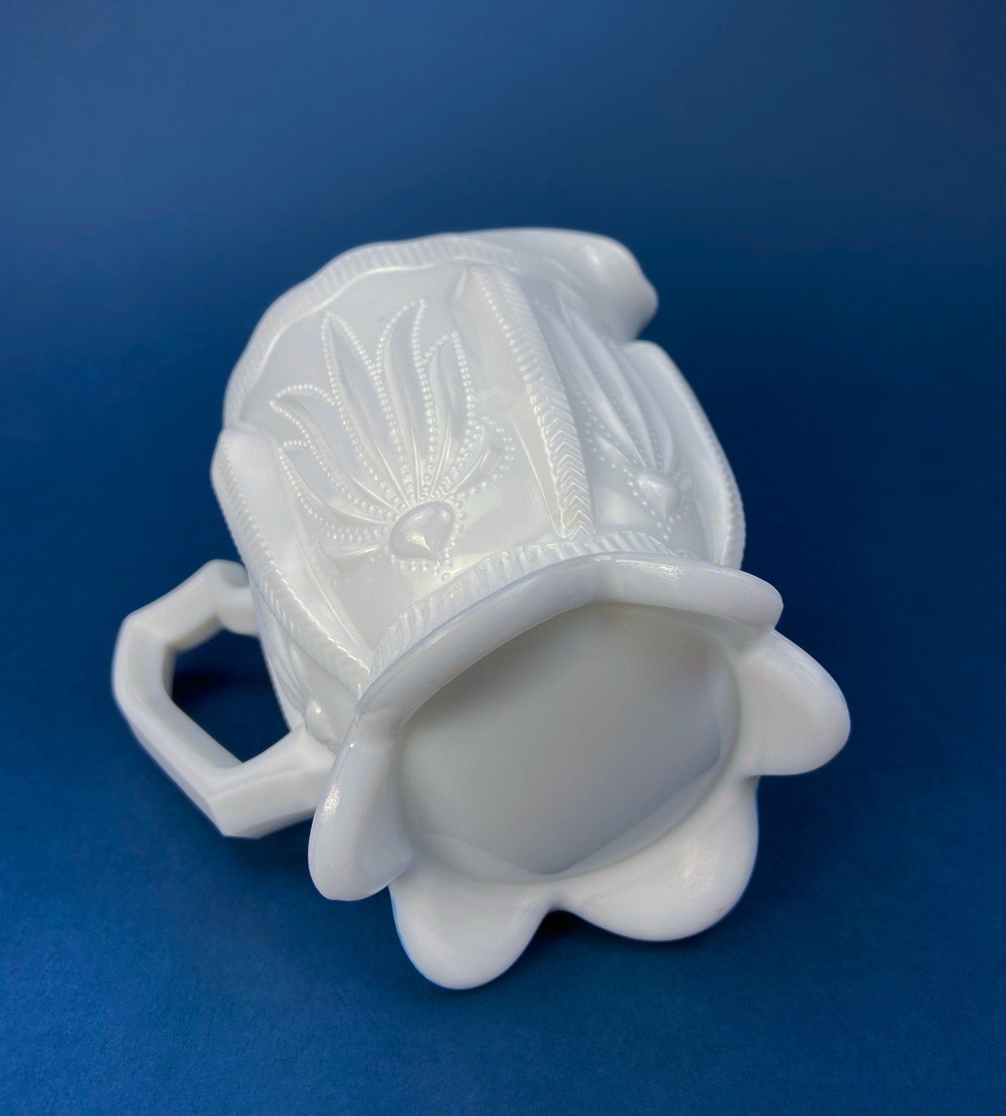 Milk Glass Creamer with 3D Leaf Motif & Scalloped Edge