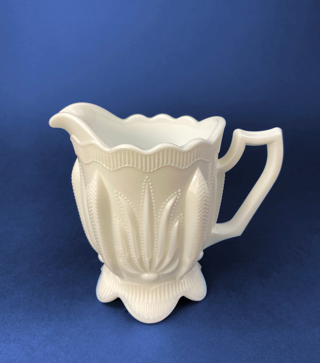 Milk Glass Creamer with 3D Leaf Motif & Scalloped Edge