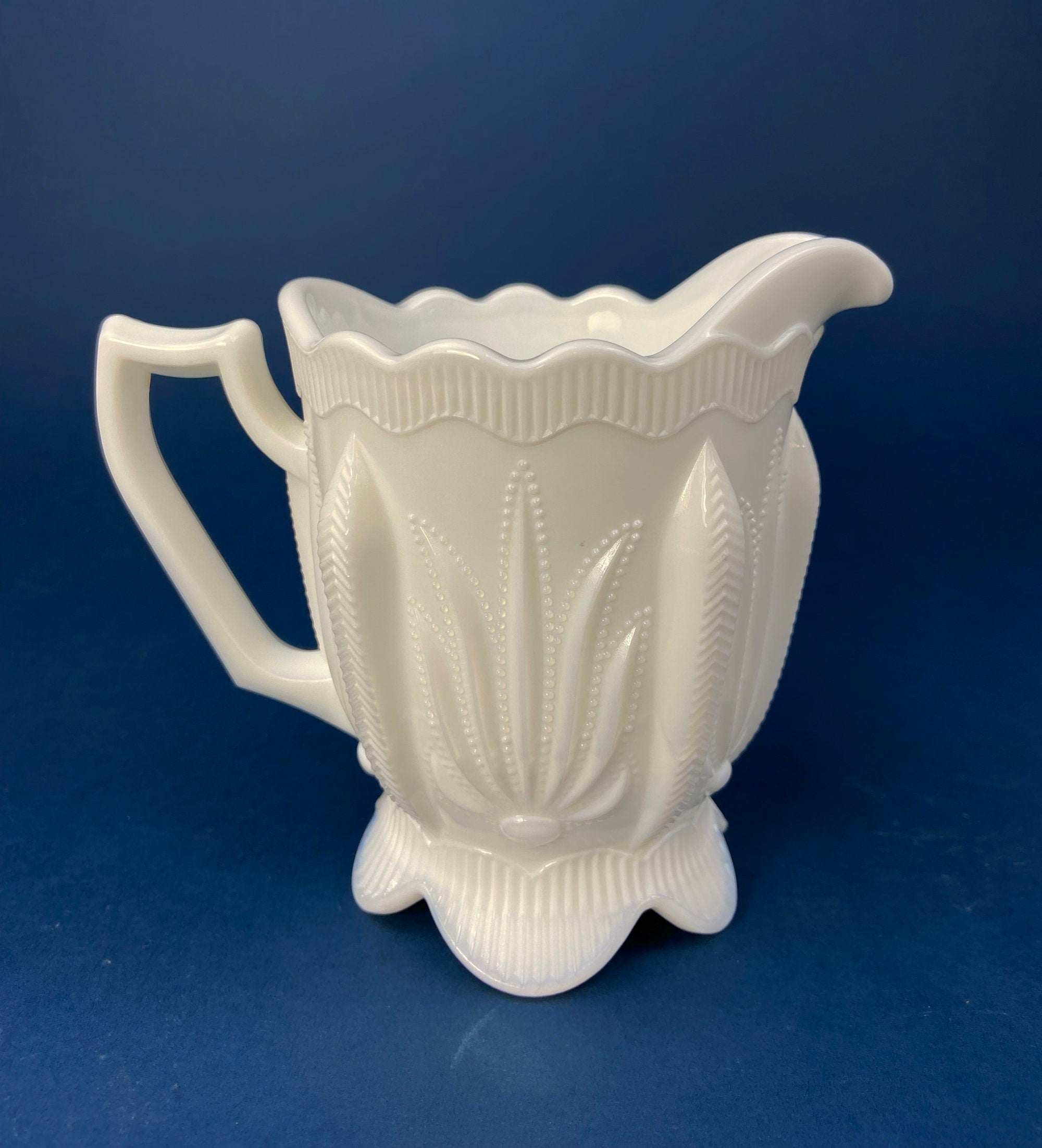 Milk Glass Creamer with 3D Leaf Motif & Scalloped Edge
