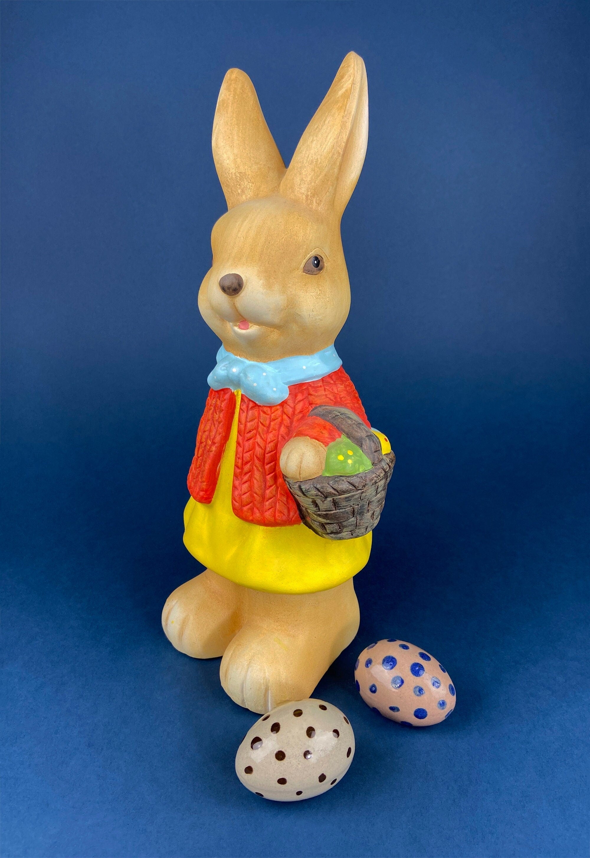 Vintage Hand Painted Pottery Bunny Figurine with Basket, Easter Decor