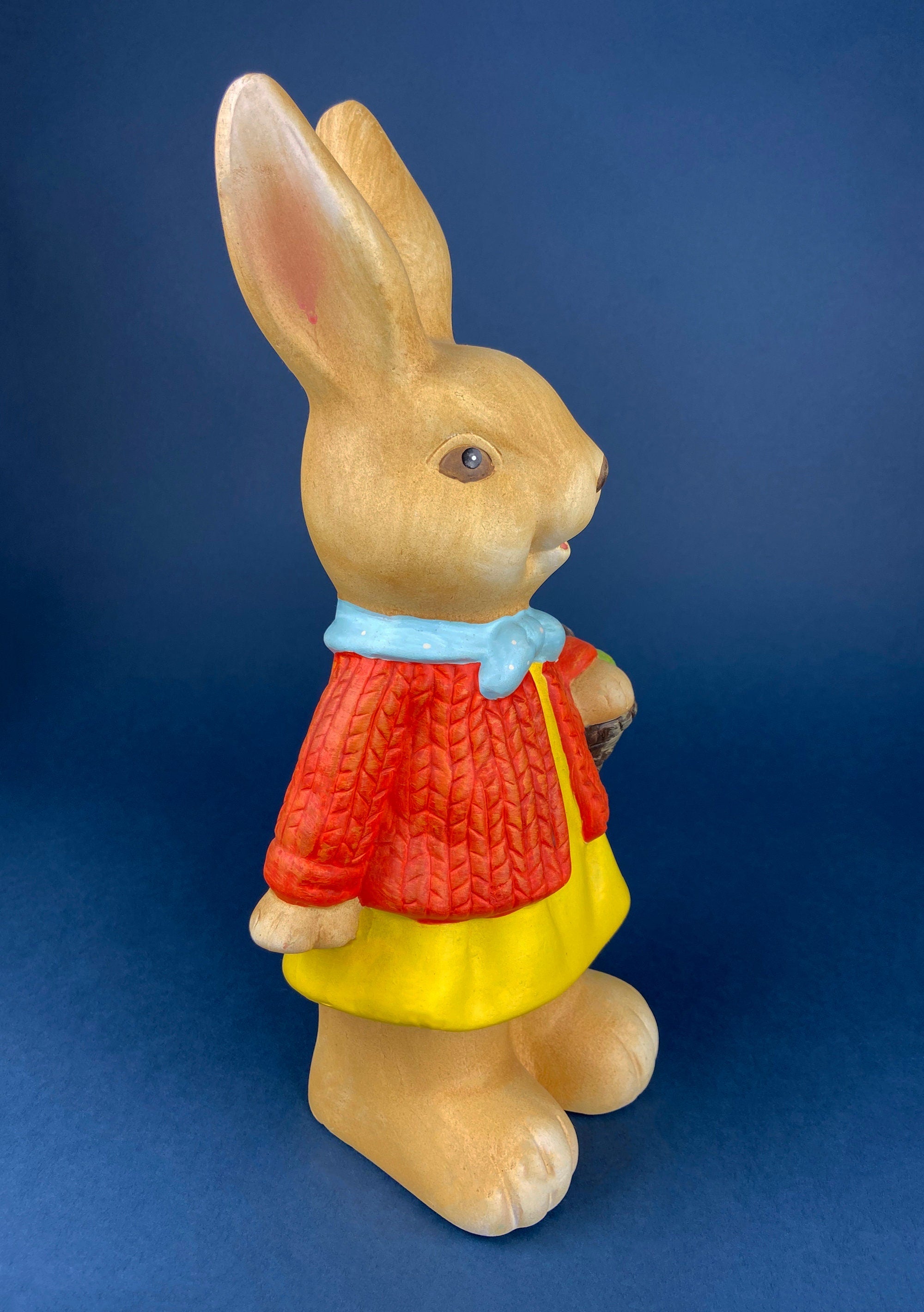 Vintage Hand Painted Pottery Bunny Figurine with Basket, Easter Decor