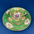 Vintage Staffordshire Tea Trio: Green, Gold, and Pink Porcelain Set