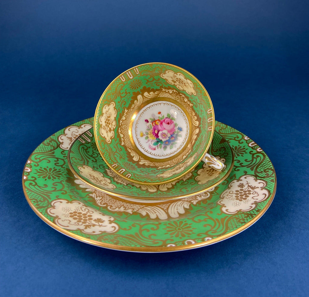 Vintage Staffordshire Tea Trio: Green, Gold, and Pink Porcelain Set