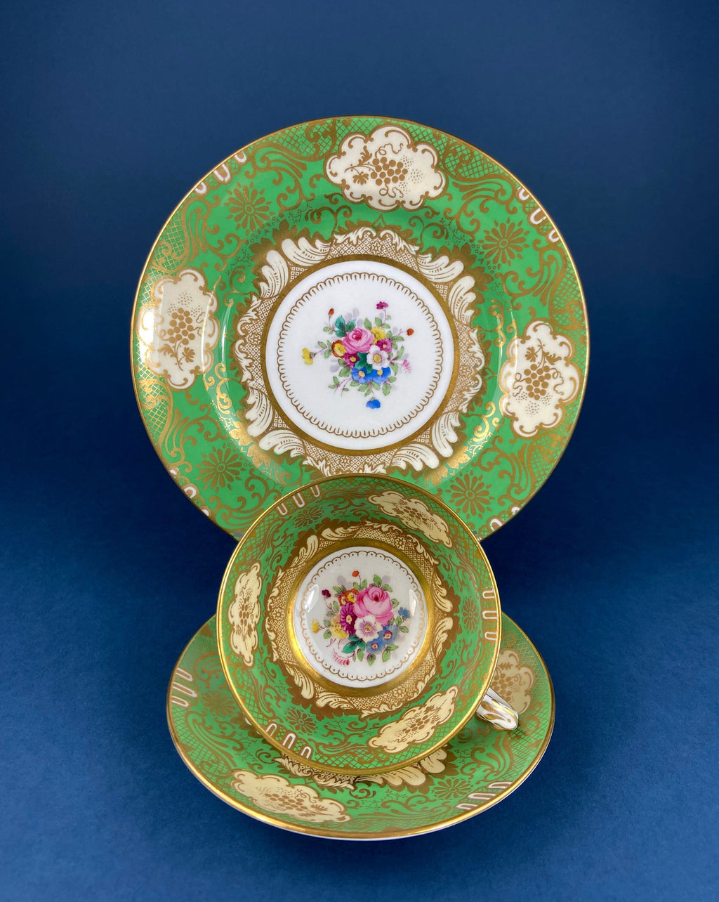 Vintage Staffordshire Tea Trio: Green, Gold, and Pink Porcelain Set