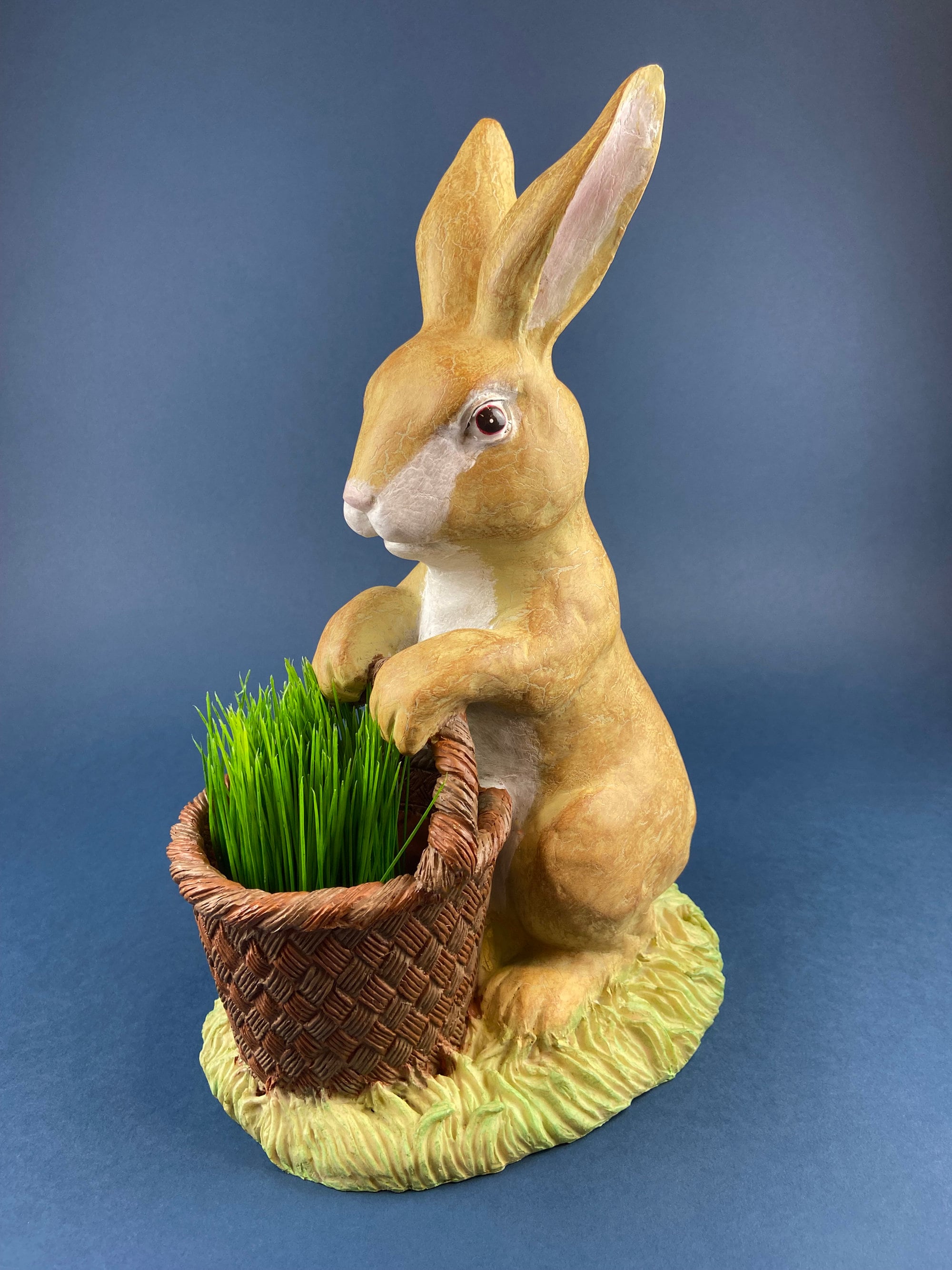 Brown Bunny Figurine with Basket Full of Multicolored Eggs. Large, Hand-Painted, Vintage Rabbit with 9 eggs. Easter Spring Display.