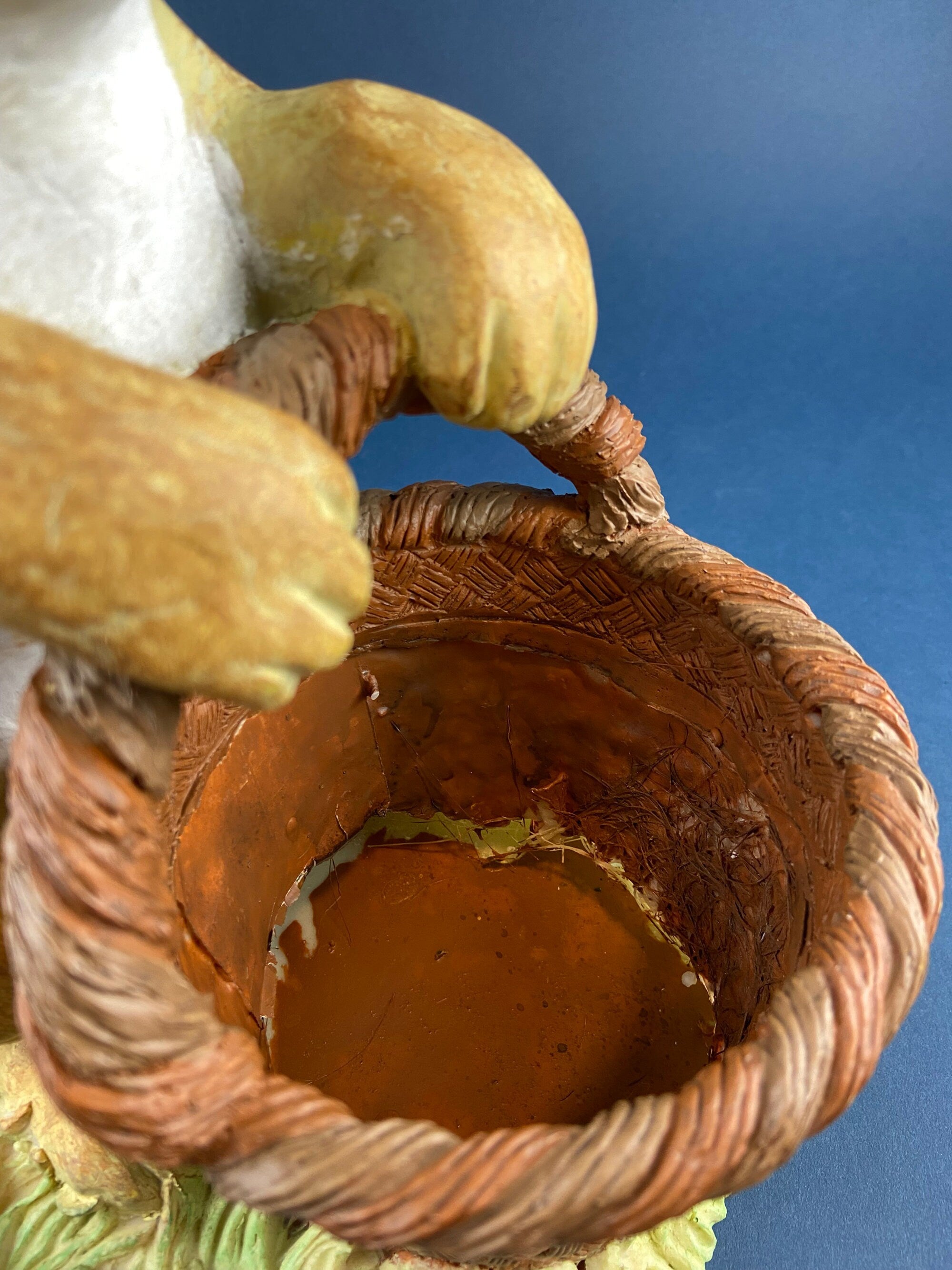 Brown Bunny Figurine with Basket Full of Multicolored Eggs. Large, Hand-Painted, Vintage Rabbit with 9 eggs. Easter Spring Display.