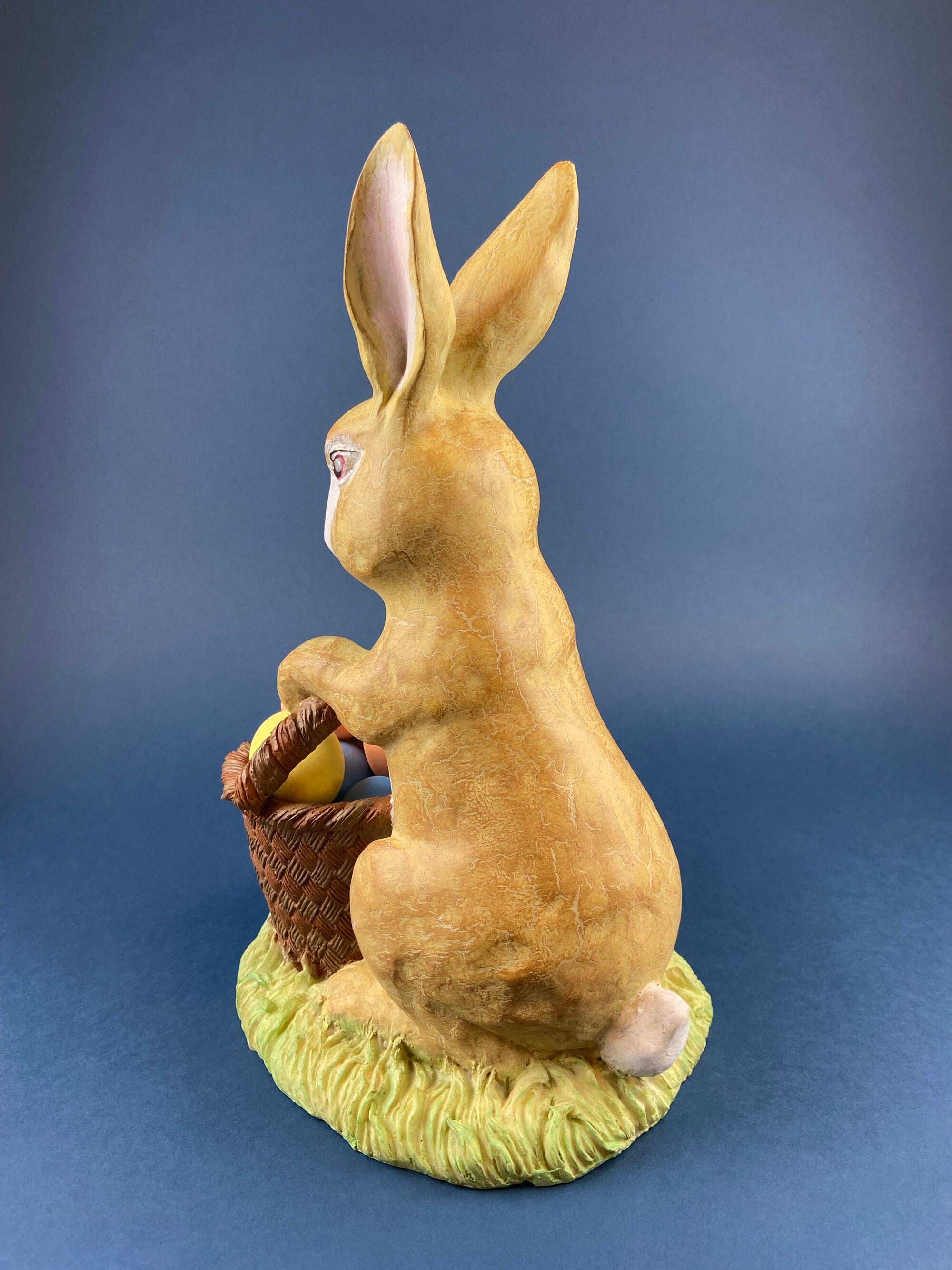 Brown Bunny Figurine with Basket Full of Multicolored Eggs. Large, Hand-Painted, Vintage Rabbit with 9 eggs. Easter Spring Display.