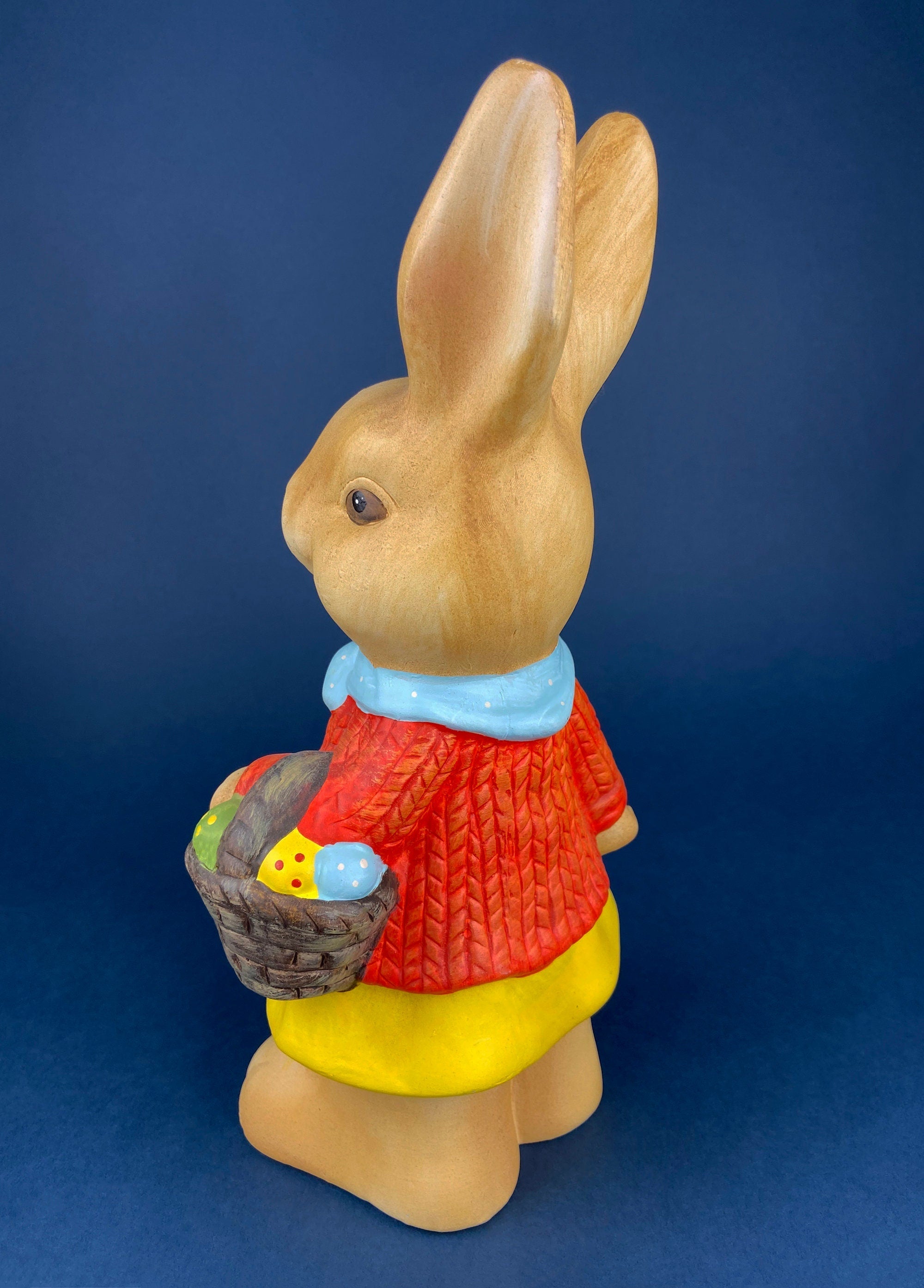 Vintage Hand Painted Pottery Bunny Figurine with Basket, Easter Decor