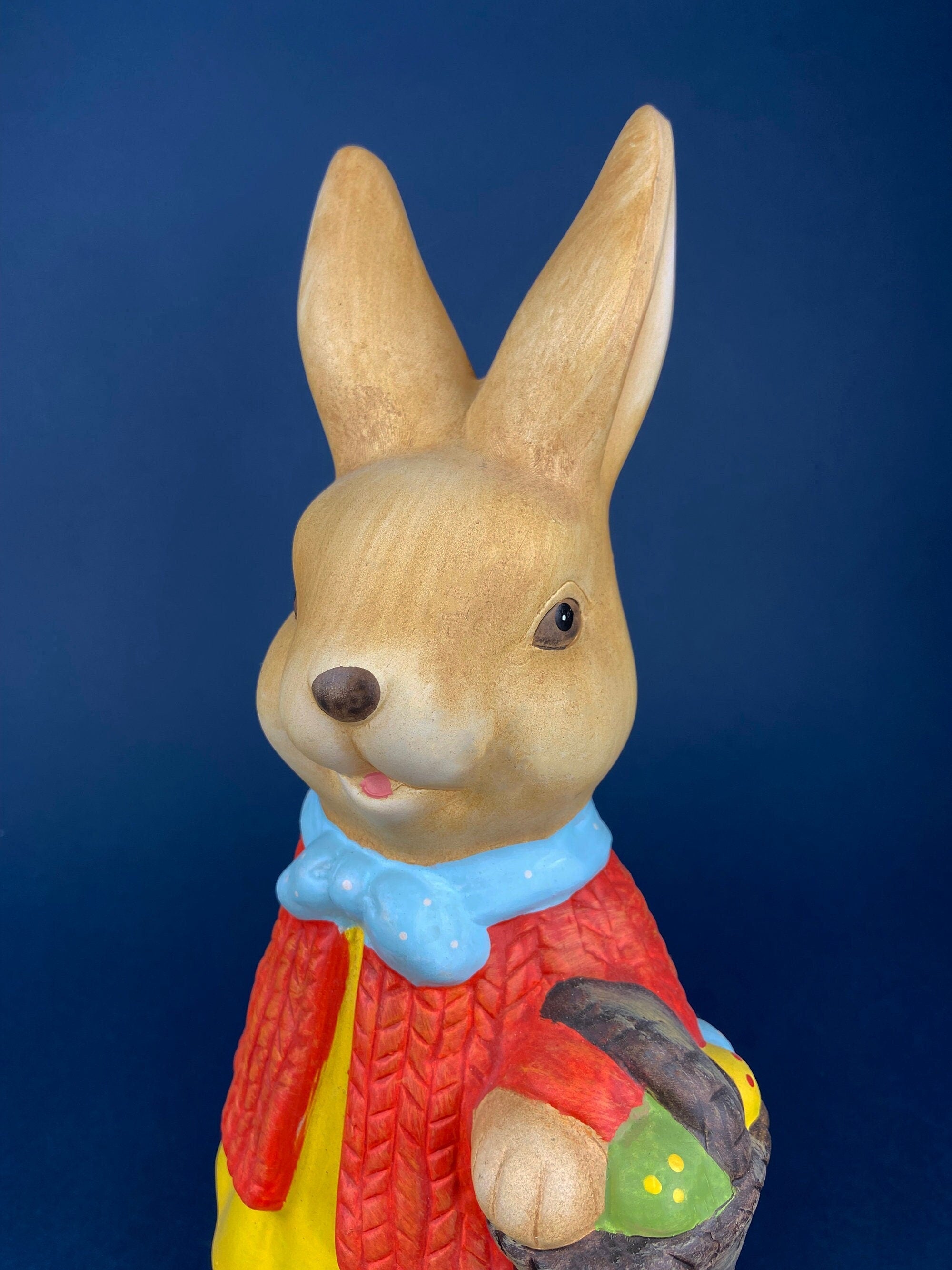 Vintage Hand Painted Pottery Bunny Figurine with Basket, Easter Decor