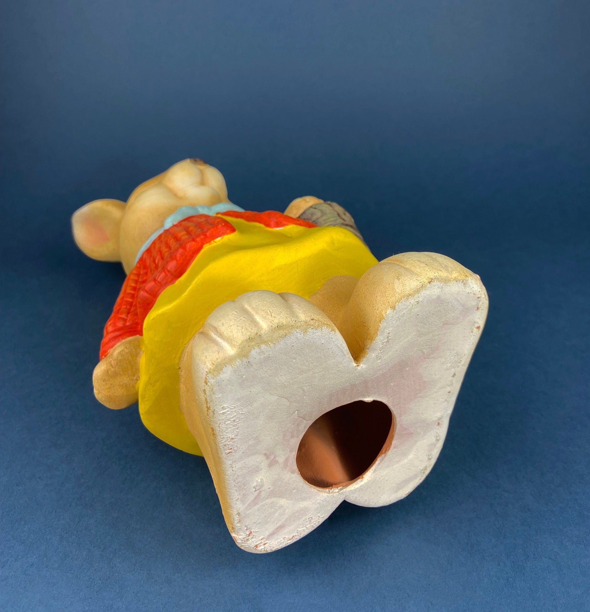 Vintage Hand Painted Pottery Bunny Figurine with Basket, Easter Decor