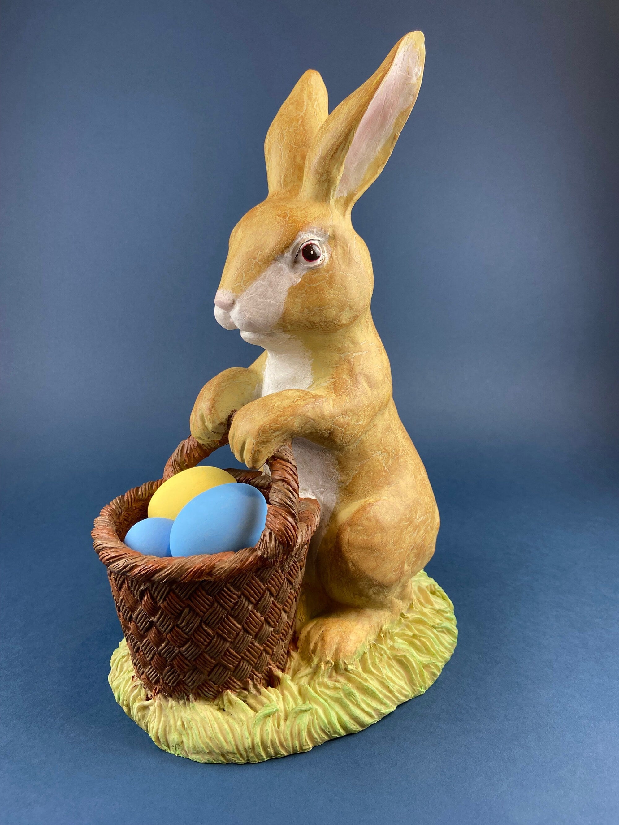 Brown Bunny Figurine with Basket Full of Multicolored Eggs. Large, Hand-Painted, Vintage Rabbit with 9 eggs. Easter Spring Display.